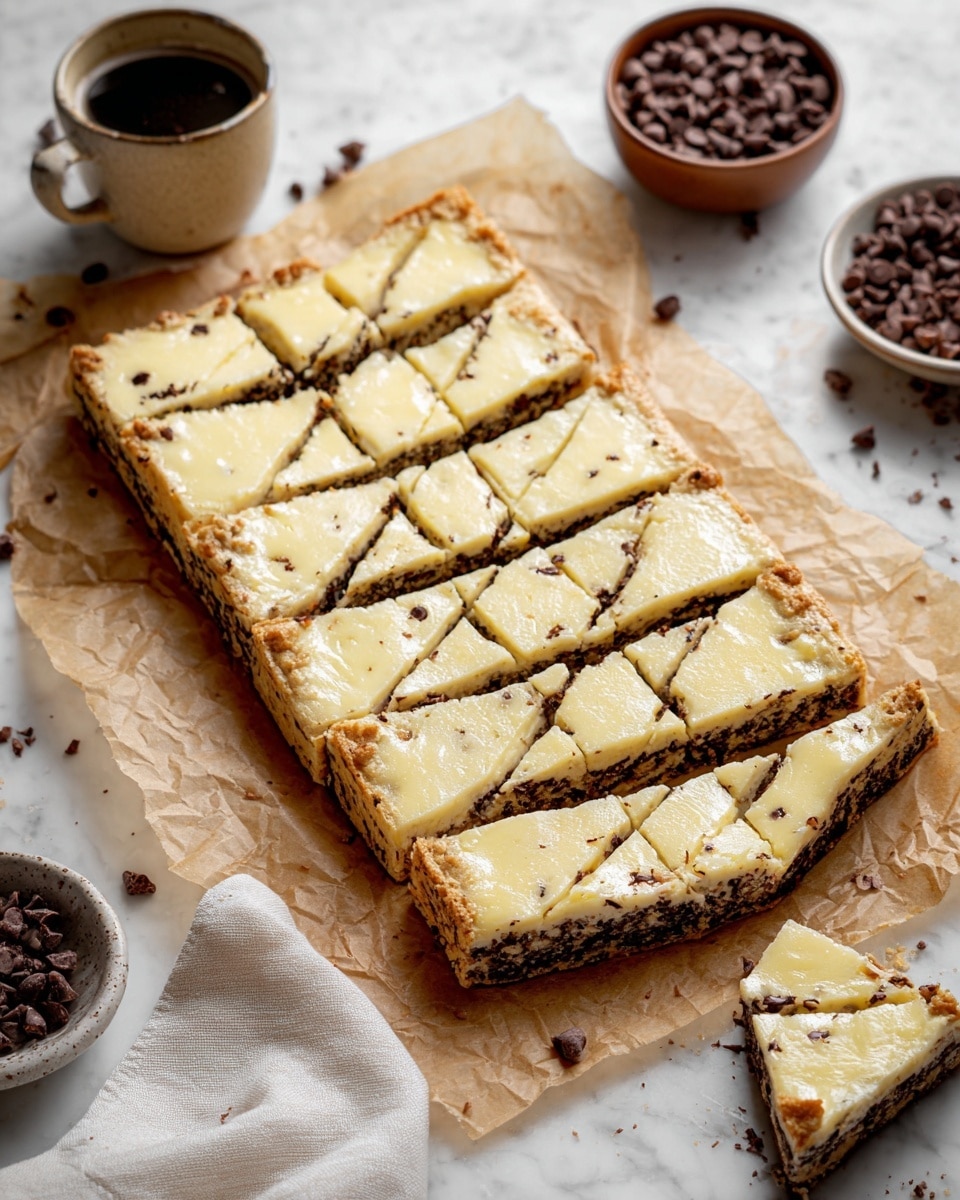 The image shows a large rectangular dessert cut into long diamond-shaped pieces, with a golden-brown base layer speckled with chocolate chips visible at the edges and in the cut slices. The top layer is a smooth, creamy, pale yellow with a slightly glossy texture and light browning in spots. Some pieces are slightly separated from the main block to show the thick chocolate chip base underneath the creamy topping. The dessert is placed on a sheet of crumpled light brown parchment paper on a white marbled surface, surrounded by bowls of chocolate chips and a cup of black coffee, along with a white cloth napkin at the bottom left. Photo taken with an iphone --ar 4:5 --v 7