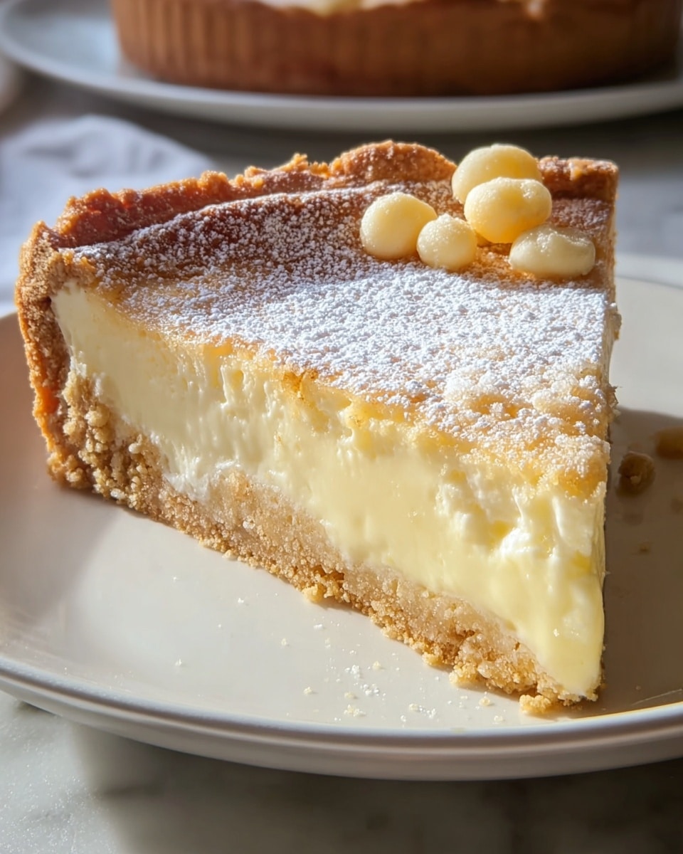 A close-up image of a creamy pie slice on a white plate, showing three clear layers: a golden-brown crumbly crust at the bottom, a thick soft pale yellow custard filling in the middle, and a light golden top dusted with white powdered sugar. Small pale yellow chewy-looking chunks sit on the upper right side of the pie. The crust edges are slightly raised and textured, giving the pie a homemade look. The plate rests on a white marbled texture surface with soft natural light softly highlighting the dessert. Photo taken with an iphone --ar 4:5 --v 7