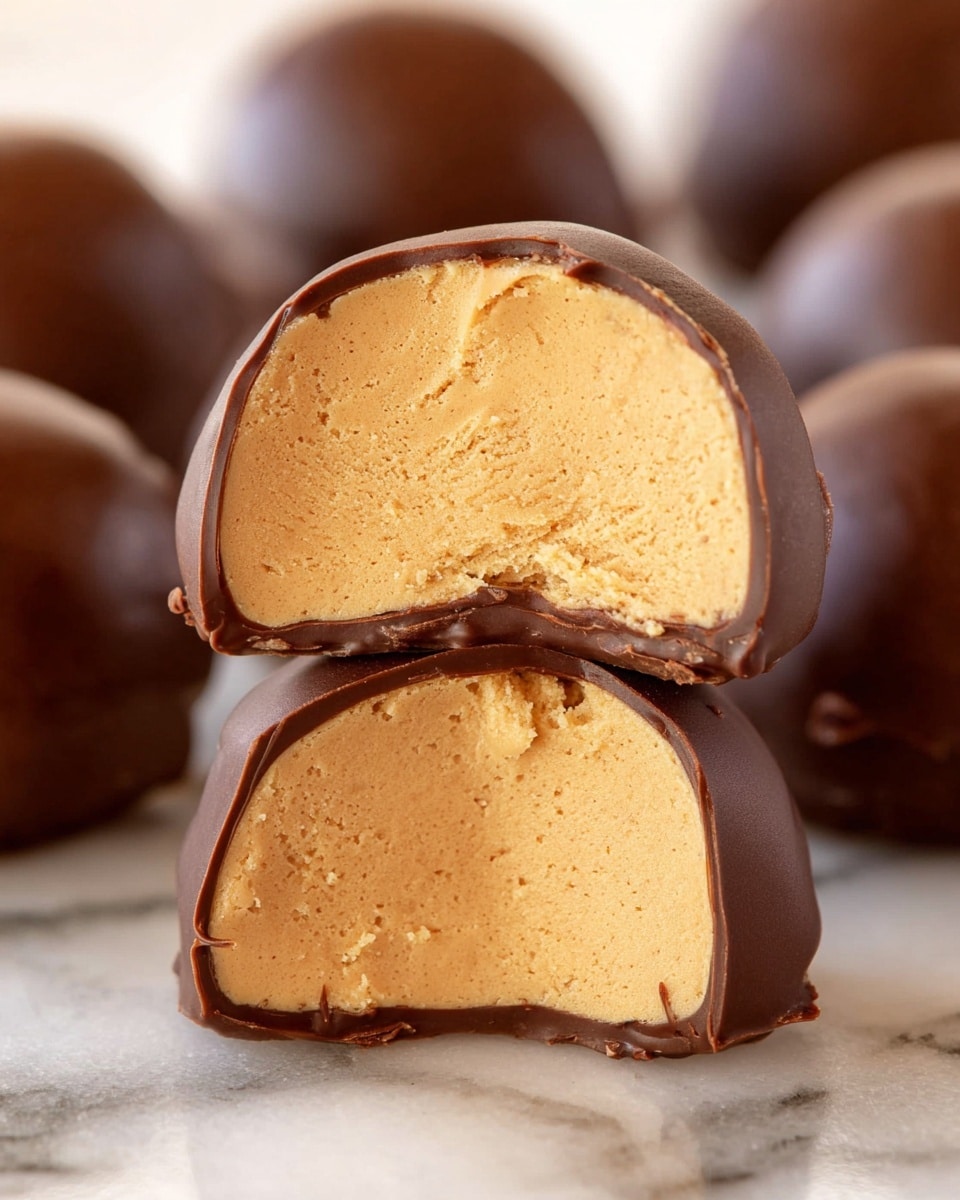 The image shows a close-up of peanut butter balls cut in half and stacked on top of each other. Each piece has two layers: a thick, smooth, light brown peanut butter filling on the inside, covered by a thin, glossy dark brown chocolate shell on the outside. In the background, more whole and halved peanut butter balls are slightly out of focus, all placed on a white marbled surface. The texture of the peanut butter filling looks creamy and dense while the chocolate shell appears firm and shiny. photo taken with an iphone --ar 4:5 --v 7