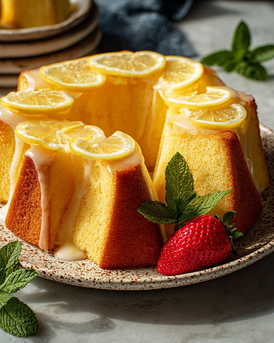 A golden yellow lemon cake cut into thick wedges arranged in a circular shape on a white plate with brown speckles, topped with thin lemon slices and a layer of glossy lemon glaze that drips slightly down the sides. Two ripe red strawberries with green leaves sit at the base of the cake, along with a sprig of bright green mint on top. The background is a white marbled texture, and the scene has soft natural lighting. Photo taken with an iphone --ar 4:5 --v 7