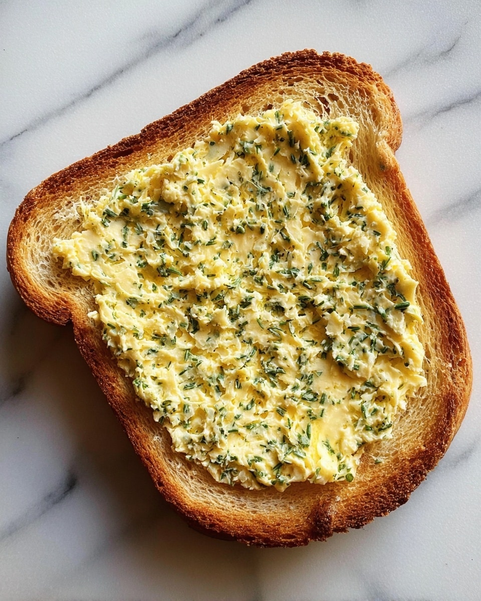 A single piece of toasted bread with golden brown edges and a soft, light brown center is spread with a thick layer of pale yellow creamy mixture speckled with green herbs. The spread covers most of the bread surface but leaves some crust visible around the sides. The toast lies on a white marbled surface. photo taken with an iphone --ar 4:5 --v 7