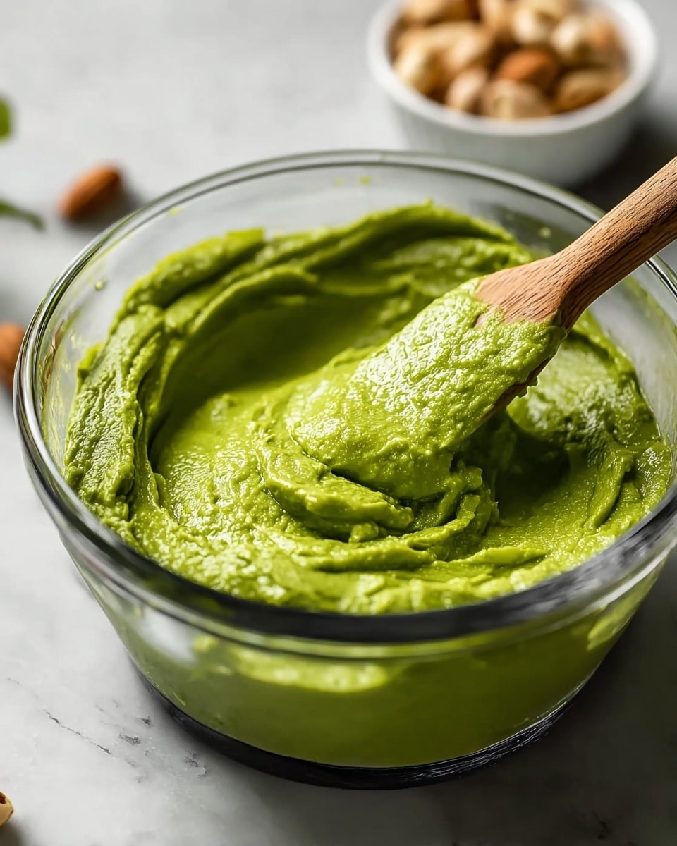 A close-up view of a glass bowl filled with a thick, bright green paste that looks smooth and creamy with a slightly grainy texture. A wooden spatula is partially dipped into the paste, showing the dense consistency as it scoops. The bowl sits on a white marbled surface, and in the blurred background, there is a small white bowl filled with nuts. Photo taken with an iphone --ar 4:5 --v 7