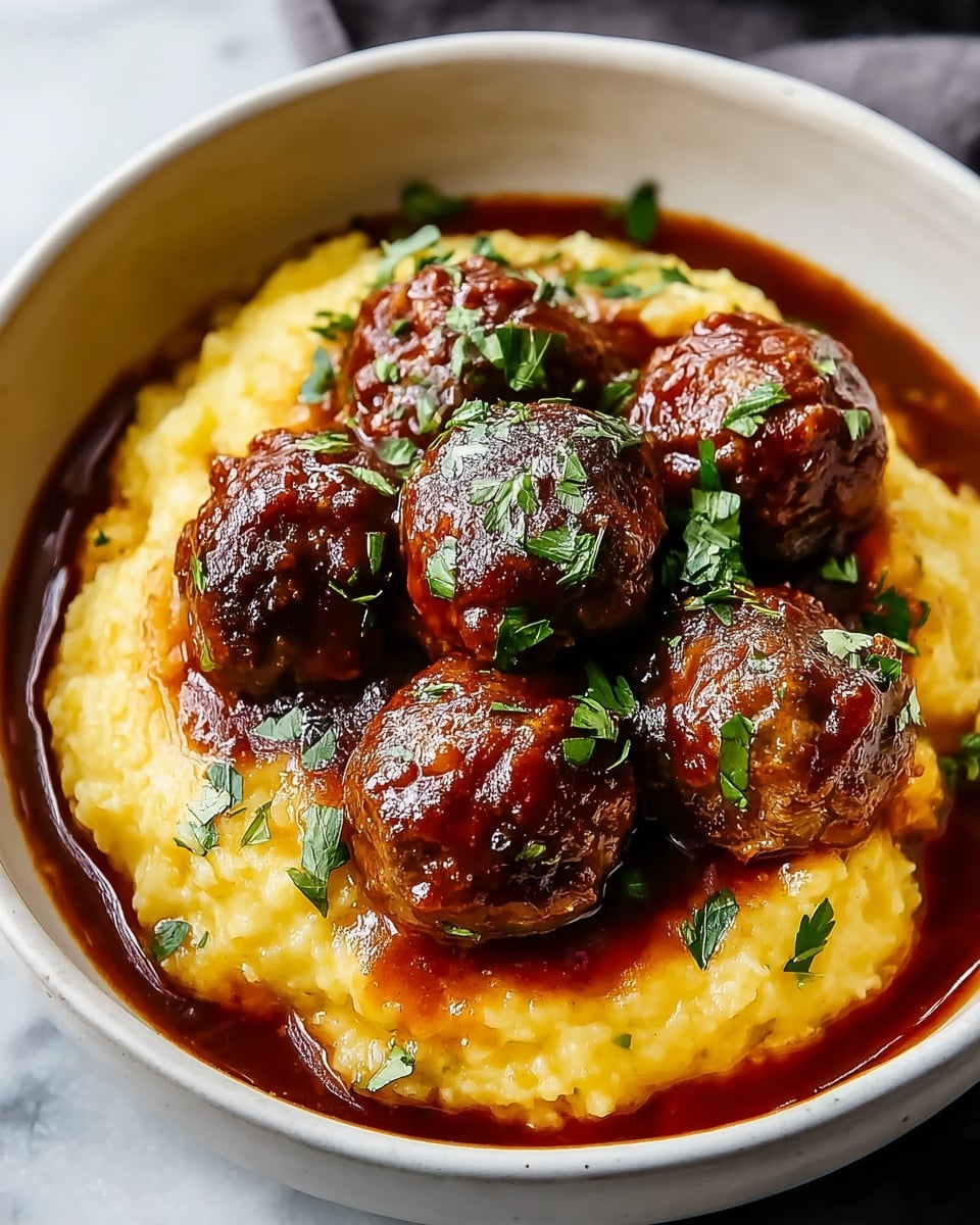 A white bowl filled with a base layer of creamy yellow mashed potatoes, topped with six glossy brown meatballs covered in rich, dark red sauce. The meatballs have a slightly textured surface and are sprinkled with finely chopped green herbs. The sauce pools around the edges of the mashed potatoes, adding a shiny, thick coating to the dish. The bowl is placed on a white marbled surface. photo taken with an iphone --ar 4:5 --v 7