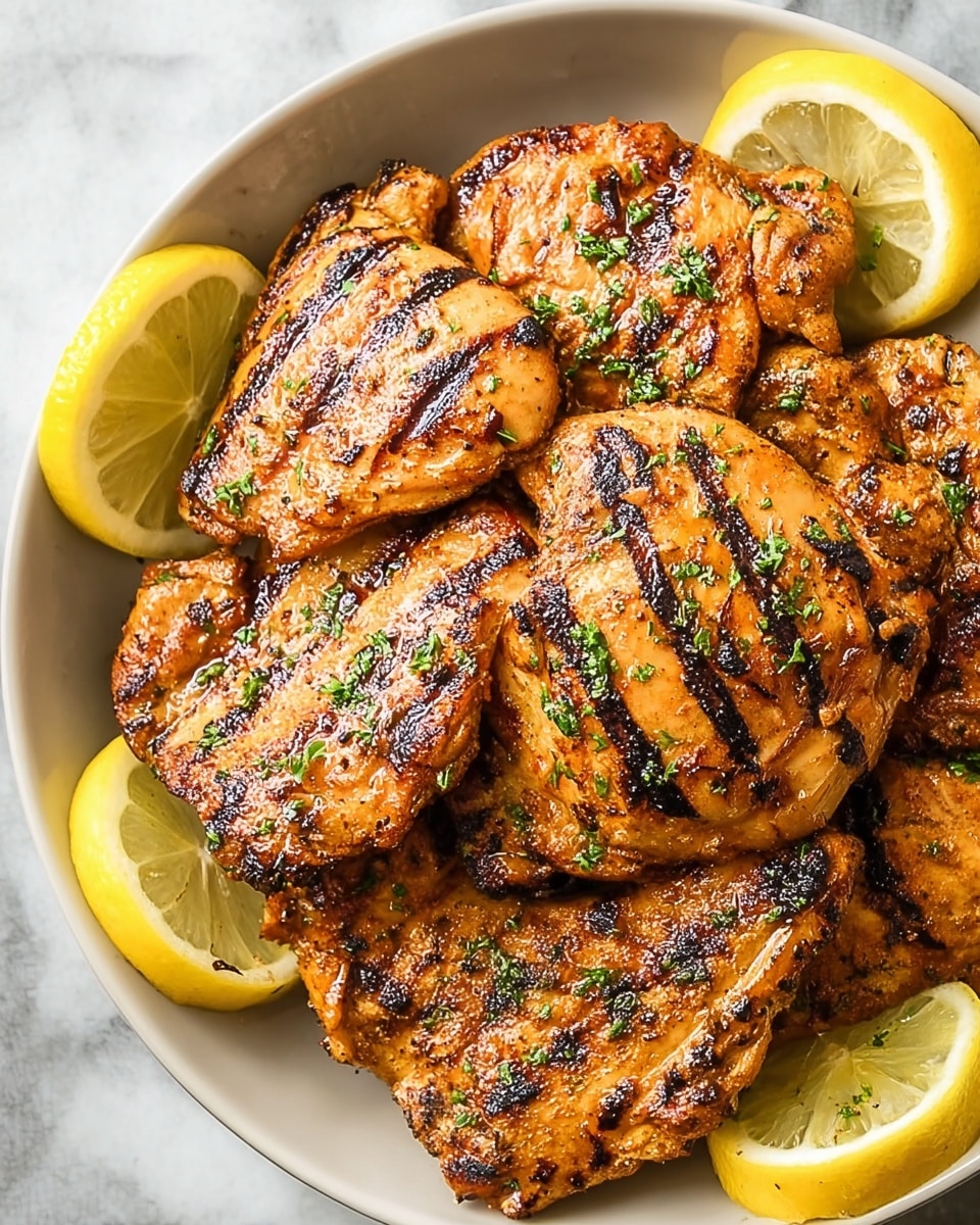The image shows a white bowl filled with several pieces of grilled chicken thighs, stacked closely together in layers. Each chicken piece is golden brown with dark grill marks that contrast sharply with the orange-brown cooked surface. Small green herb bits are sprinkled evenly over the chicken, adding a fresh look. Around the edges of the bowl, thin lemon slices with a pale yellow color and visible pulp are placed, adding bright accents. The bowl sits on a white marbled texture surface. Photo taken with an iphone --ar 4:5 --v 7