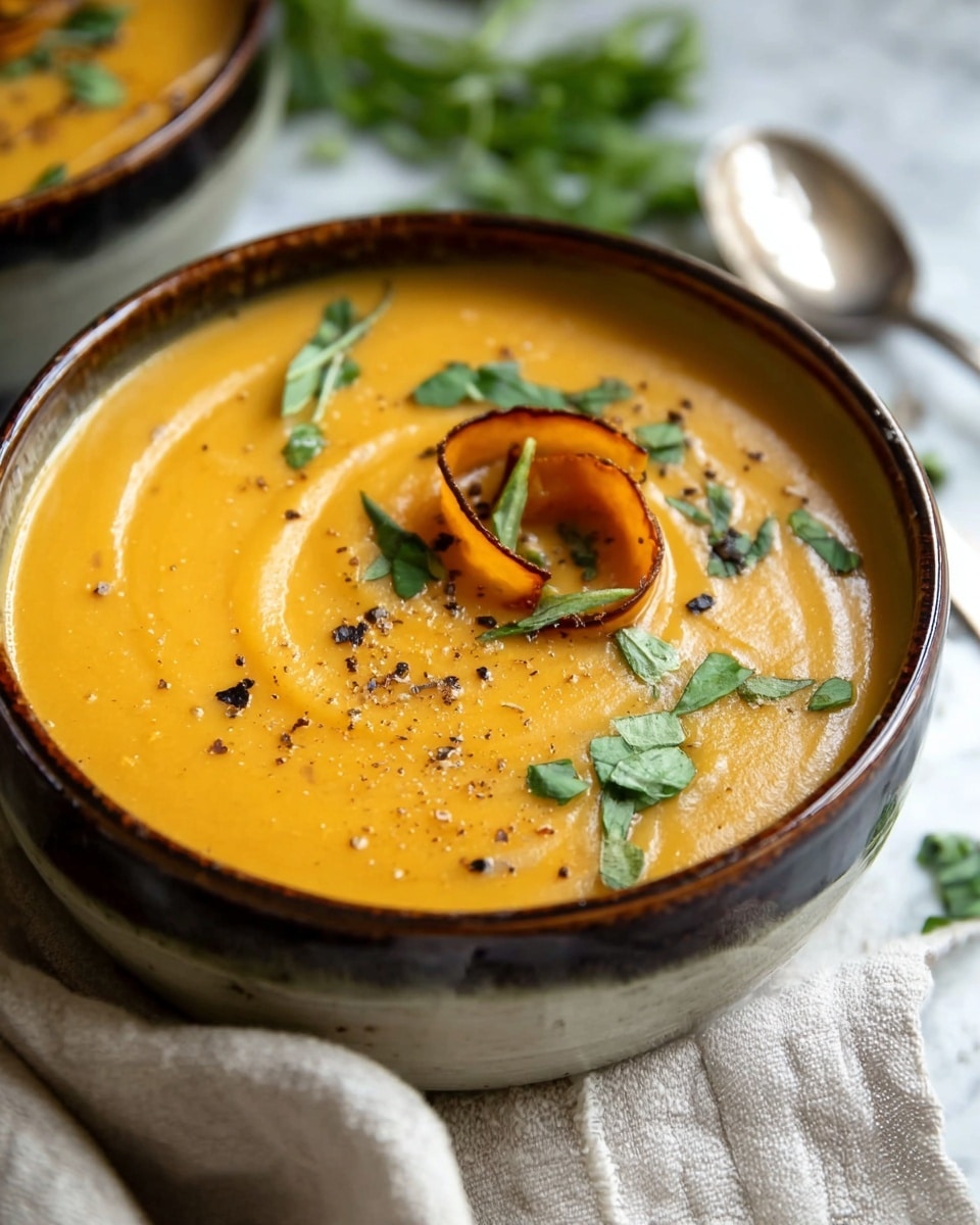 The image shows a close-up of creamy orange soup served in a rustic glazed bowl with a dark brown rim. The soup's smooth surface has gentle swirls and is topped with fresh green herb leaves scattered around. A curled, thin, crispy orange garnish rests on top, adding texture contrast. A few black pepper flakes are sprinkled over the soup. The bowl sits on a white marbled surface, partially covered by a light beige linen cloth, with a silver spoon placed nearby. In the background, some green herbs are softly blurred. Photo taken with an iphone --ar 4:5 --v 7