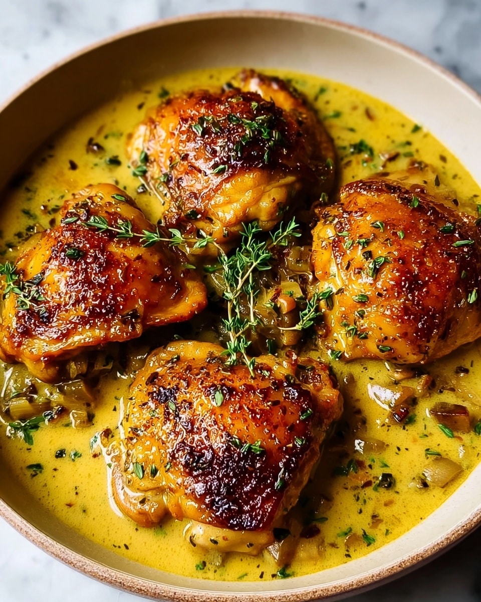 Four pieces of golden brown, crispy chicken thighs sit in a thick creamy yellow sauce with herbs and small chunks, filling the bottom of a white bowl. Each chicken piece is sprinkled with fresh green thyme sprigs on top, the skin glistening with juices and seasoning. The sauce appears rich and smooth with bits of herbs and vegetables visible under the chicken. The bowl rests on a white marbled surface. photo taken with an iphone --ar 4:5 --v 7