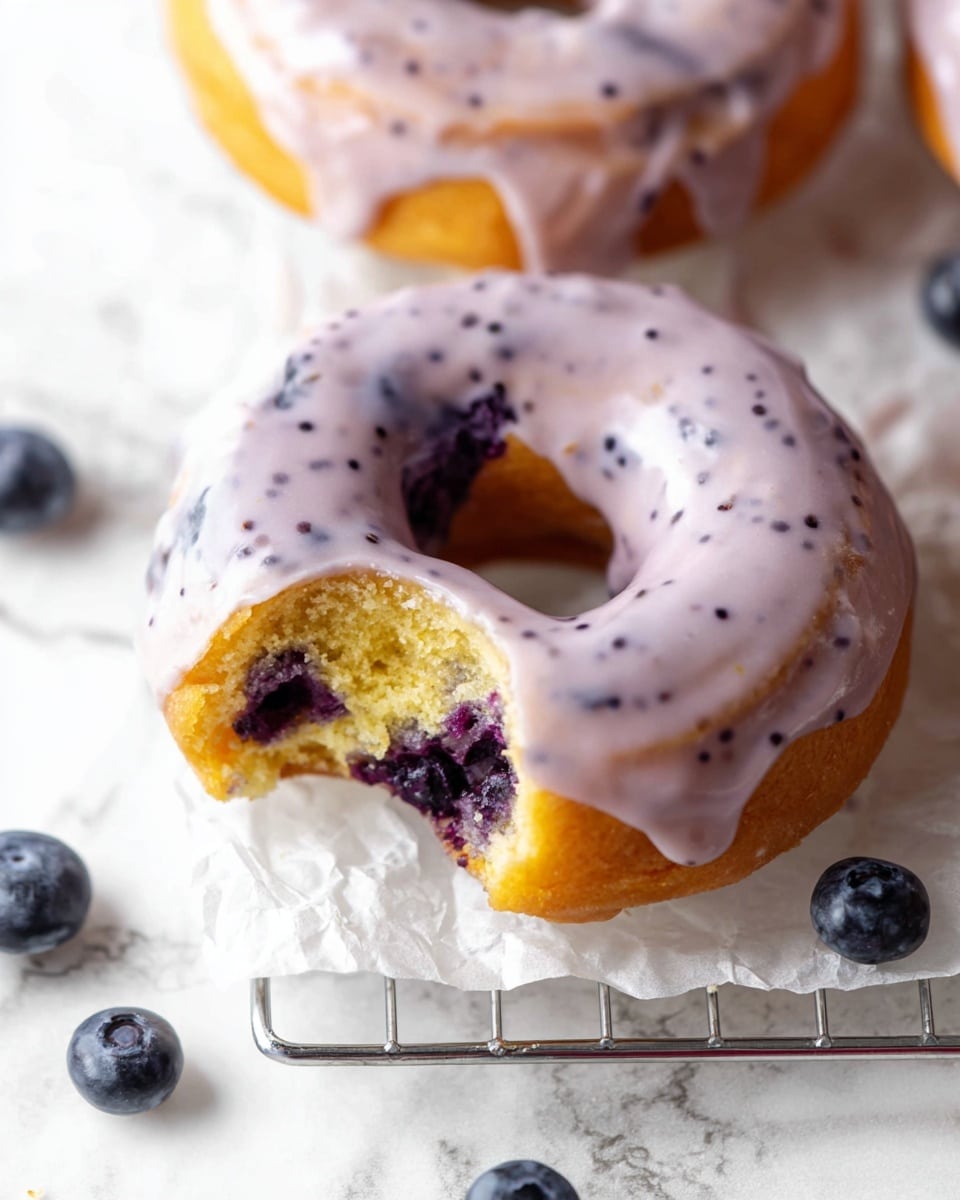 A close-up of a blueberry donut on a white crumpled paper over a silver wire rack with a few fresh blueberries scattered around it on a white marbled surface. The donut has two main layers: a golden yellow cake base with visible blueberries inside, and a thick, smooth pale purple glaze with small darker purple specks evenly coating the top, dripping slightly down the sides. The donut has a bite taken out of one side, showing the soft cake texture inside. Photo taken with an iphone --ar 4:5 --v 7