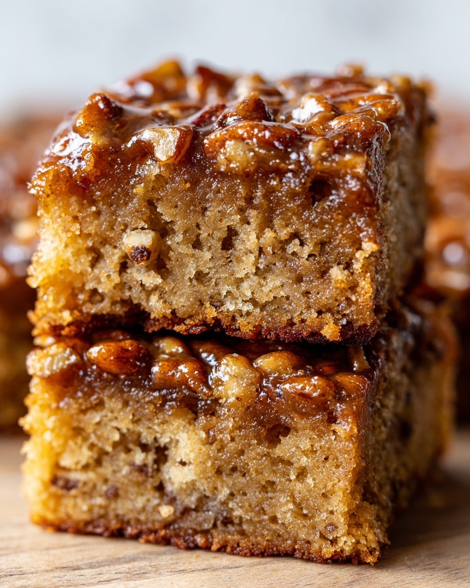The image shows two stacked squares of sticky pecan cake with moist, dense texture. The bottom layer is pale golden brown with visible bits of pecan inside, and the top layer is glossy and covered with chopped pecans in a shiny caramel glaze. The edges are slightly crisp and darker brown, while the inner crumb looks soft and tender. The background is a white marbled texture, and the focus is close to the pieces, showing the detail of the cake and nuts. photo taken with an iphone --ar 4:5 --v 7