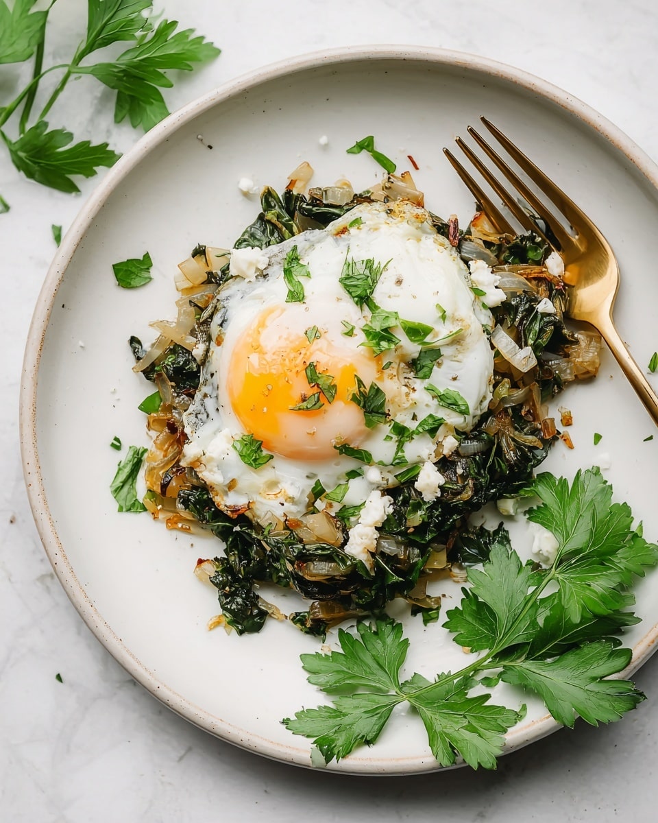 The dish shows a single white plate with a cooked egg on top of sautéed greens and onions. The bottom layer is a mix of soft, light brown onions and wilted dark green leafy vegetables. On top of this is a fried egg with a slightly runny bright yellow yolk and cooked white edges, sprinkled with small white cheese chunks and finely chopped green herbs. Fresh green parsley leaves surround the dish on the plate, with a gold fork partially visible on the right side. The plate sits on a white marbled surface. photo taken with an iphone --ar 4:5 --v 7
