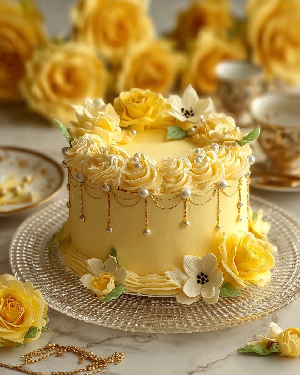 A round, yellow cream-covered cake sits on a clear, textured glass plate with a white marbled surface beneath it. The cake has one smooth layer of lemon-yellow frosting, decorated with thick swirls of piped cream along the top edge. Golden pearl-like decorations hang delicately from thin, gold threads around the sides. Around the base and top edge, there are beautifully crafted yellow roses and open flowers with soft petals and black dot details in the center, along with small green leaves. The background shows more yellow roses that match the cake’s decoration, creating a warm and elegant setting. photo taken with an iphone --ar 4:5 --v 7