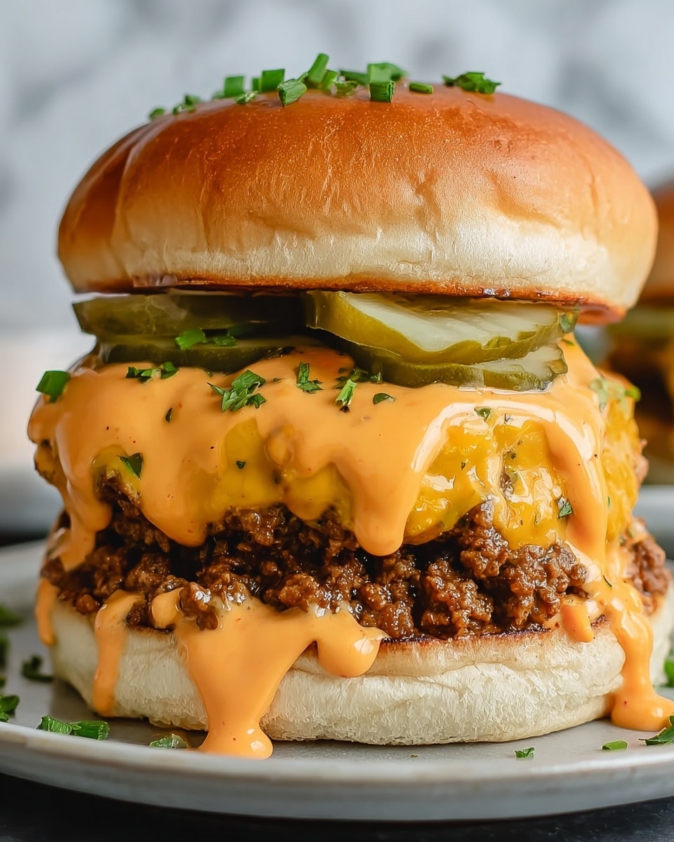 A tall burger with a soft, golden-brown bun topped with chopped green herbs forms the top layer. Underneath the bun, thick slices of light green pickles sit on a rich, creamy orange sauce that drips over melted, bright yellow cheddar cheese covering a thick, crumbled beef patty. Below the beef, more of the orange sauce adds color and texture above the bottom bun, which is soft and white. The burger sits on a white plate, with a white marbled surface background. photo taken with an iphone --ar 4:5 --v 7