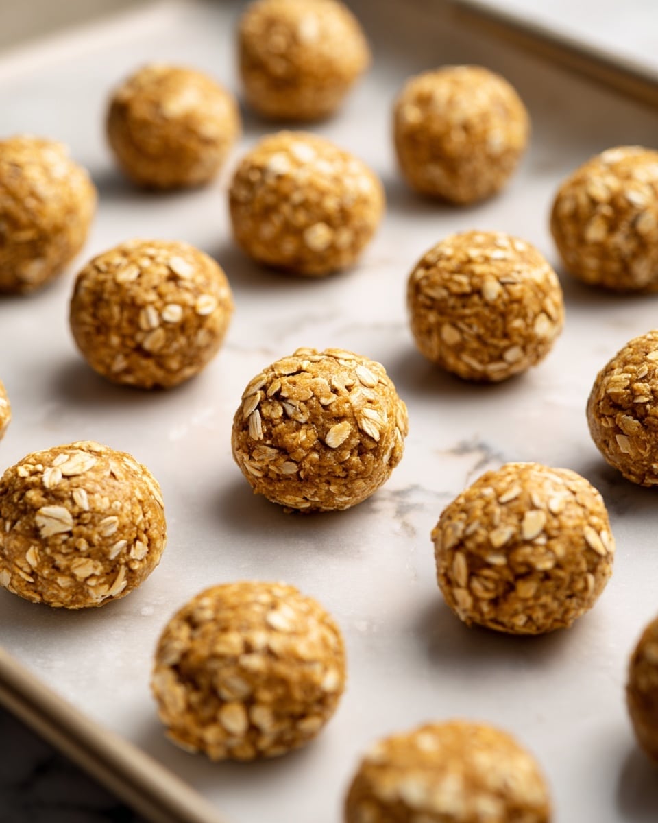 The image shows multiple round balls of cookie dough arranged in neat rows on a baking sheet. Each dough ball is light brown in color with visible oats mixed throughout, giving them a rough texture. The surface of the dough is dotted with whole oat flakes, creating a slightly uneven, natural look. The baking sheet takes up the entire frame, and the focus is sharpest on the balls in the middle, while the ones in the background and foreground are softly blurred. The background is a white marbled texture. photo taken with an iphone --ar 4:5 --v 7