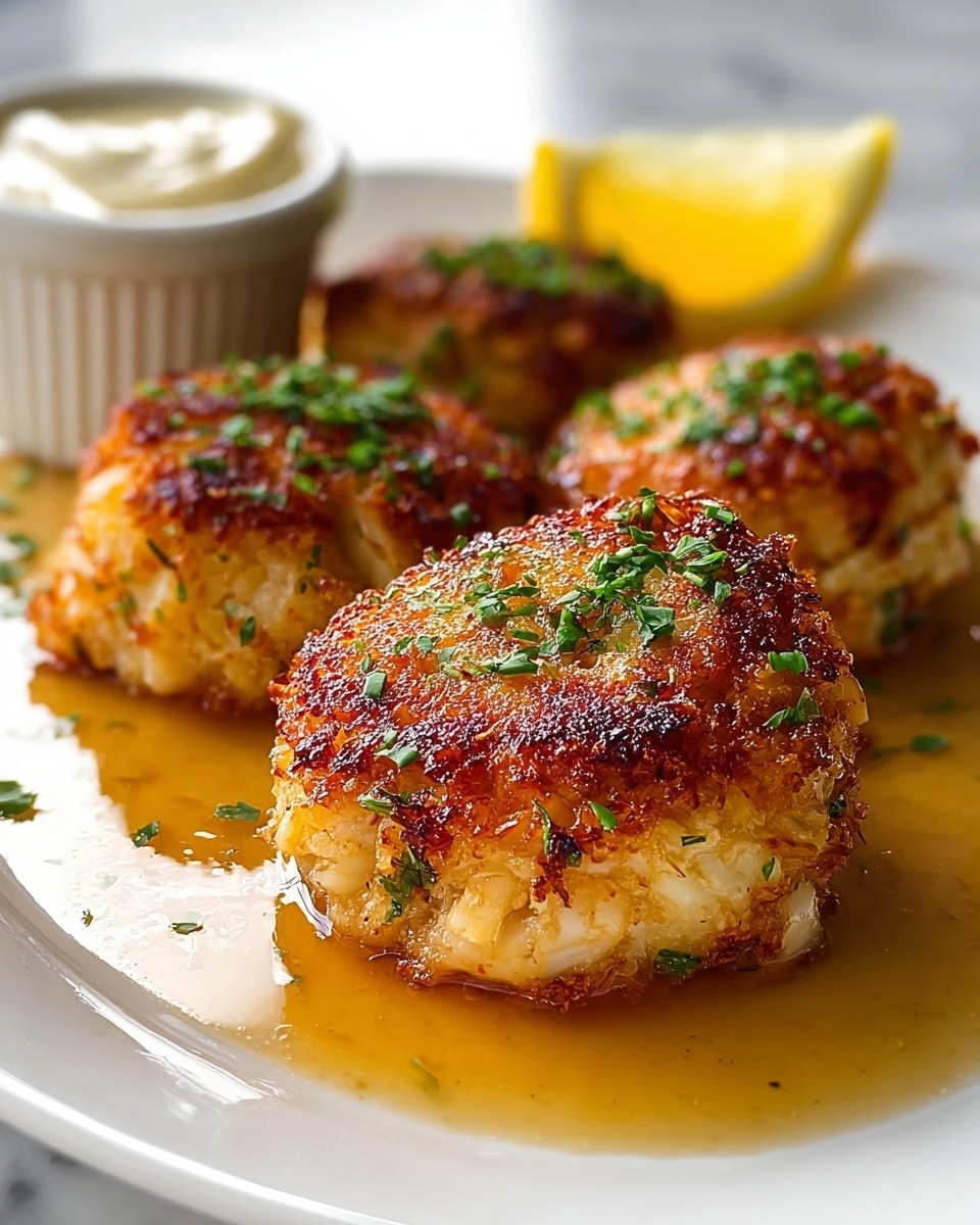 The image shows four golden brown crab cakes with a crispy and slightly bumpy texture on the outside, each topped with finely chopped bright green herbs. The crab cakes sit on a white plate with a shallow pool of shiny, amber-colored sauce underneath them. In the background, there is a small white ramekin filled with a creamy white sauce and a wedge of lemon with a bright yellow color. The plate is placed on a white marbled surface, giving a clean and fresh look. Photo taken with an iphone --ar 4:5 --v 7