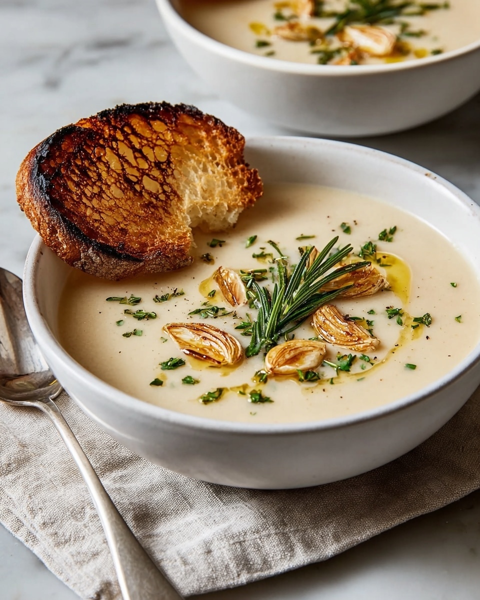 A white ceramic bowl filled with smooth, creamy light beige soup, topped with a few roasted garlic cloves, finely chopped green herbs, a drizzle of olive oil, and a fresh green rosemary sprig in the center. A toasted golden-brown slice of bread with visible pores and a slightly charred crust rests on the edge of the bowl. The bowl is placed on a light beige cloth napkin on a white marbled surface. A silver spoon lies next to the bowl. In the background, a second bowl with the same soup and toppings is slightly out of focus. Photo taken with an iphone --ar 4:5 --v 7
