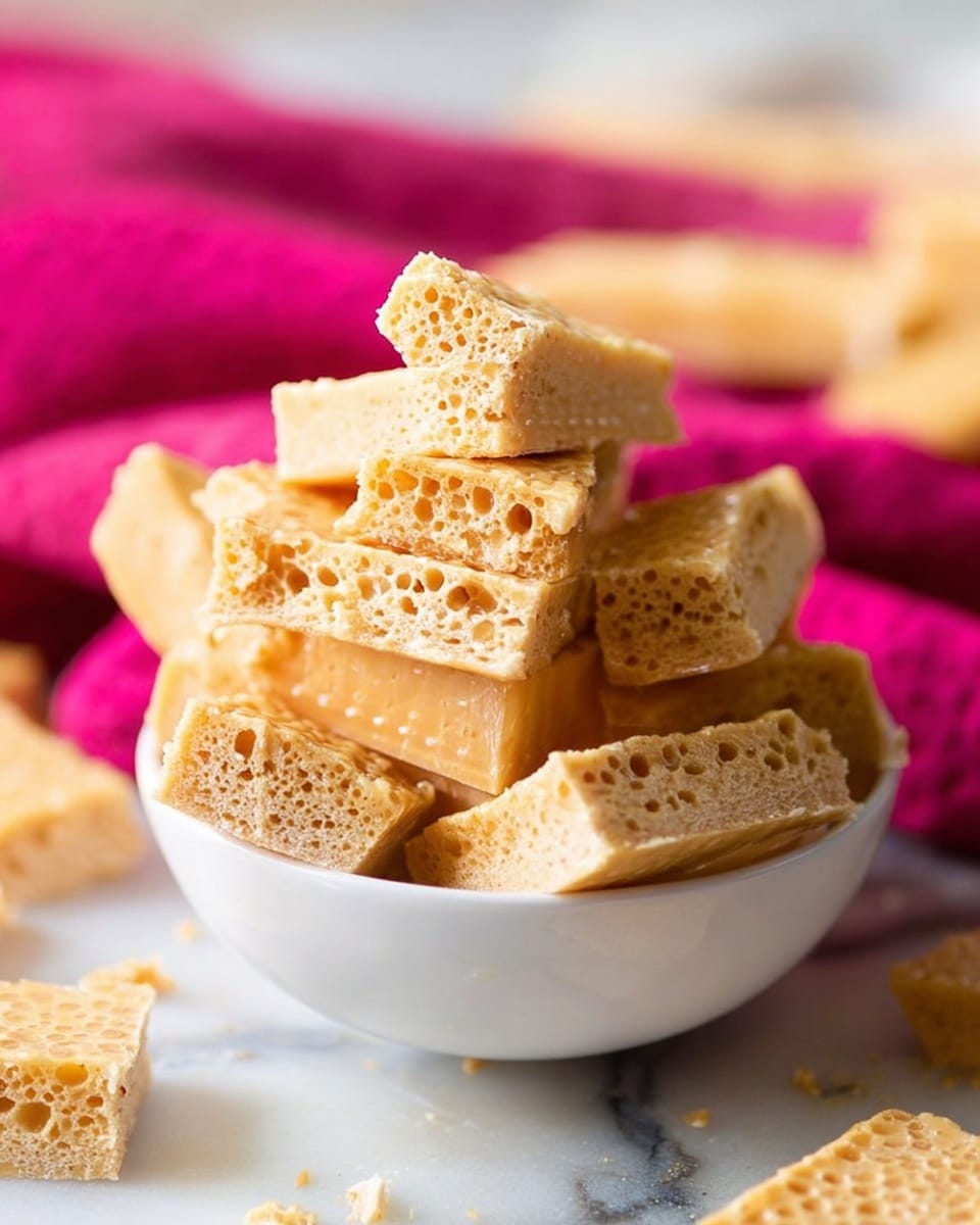 A white bowl filled with several pieces of light golden honeycomb toffee, each piece showing a porous texture with many small holes, stacked unevenly inside the bowl. The bowl sits on a white marbled surface with a bright pink cloth partially visible underneath. In the background, out-of-focus kitchen items add a soft warm tone. photo taken with an iphone --ar 4:5 --v 7