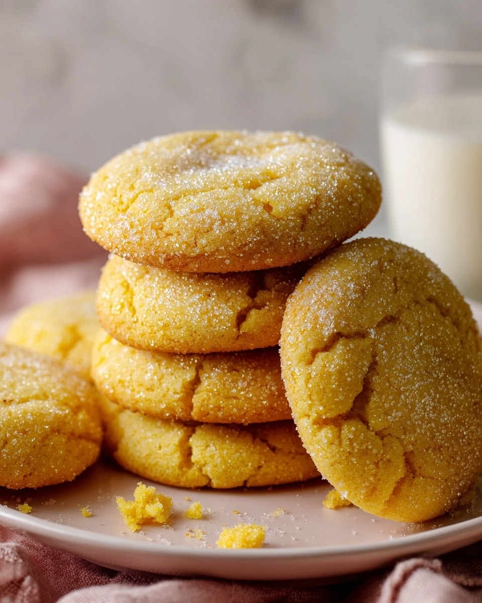 A close-up of a stack of golden yellow sugar cookies with a slightly cracked surface, each cookie coated with a sparkling layer of granulated sugar giving a shiny texture. The cookies are round and thick, piled casually on a white plate with a soft pink cloth underneath, small crumbs scattered around the base. In the background, there is a blurred glass of milk against a white marbled textured surface. photo taken with an iphone --ar 4:5 --v 7
