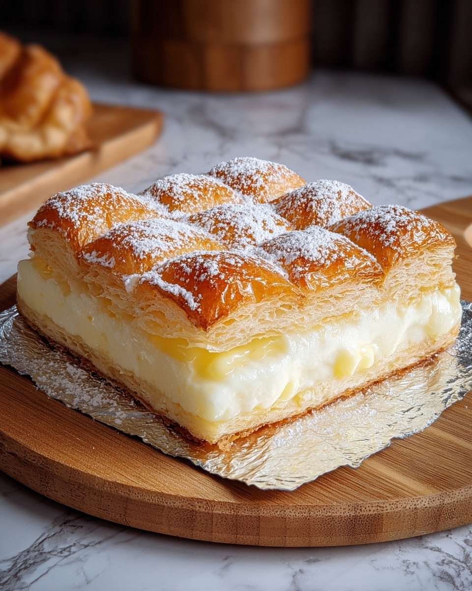 This dessert is square-shaped with two main layers. The bottom layer is a smooth, creamy white custard filling that looks thick and glossy, slightly spilling out at the edges. The top layer consists of golden brown, puffy squares of flaky pastry dusted lightly with white powdered sugar, arranged in a neat 4x4 grid. The pastry has a shiny, slightly crisp surface with visible flaky layers. The dessert is placed on a piece of foil, resting on a round wooden board set on a white marbled texture. Photo taken with an iphone --ar 4:5 --v 7