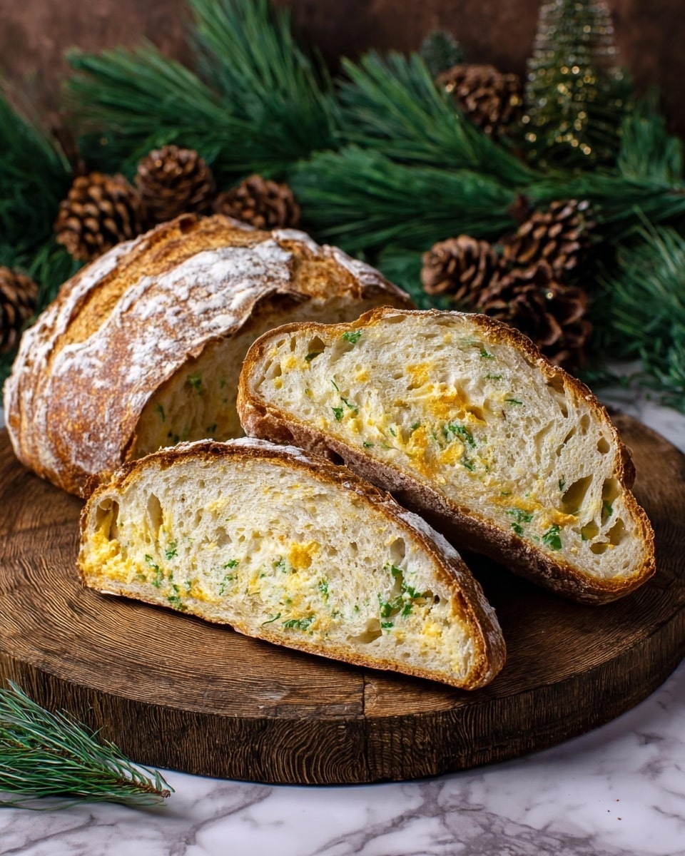 The image shows a rustic loaf of bread with two thick slices cut and placed in front of it on a round wooden cutting board. The bread has a light golden crust dusted with flour and a soft, creamy interior with visible bits of green herbs and melted yellow cheese spread evenly inside. The background features green pine branches and brown pinecones, creating a cozy, natural setting. The overall colors are warm with a mix of earthy browns, greens, and yellows, all set on a white marbled surface. Photo taken with an iphone --ar 4:5 --v 7