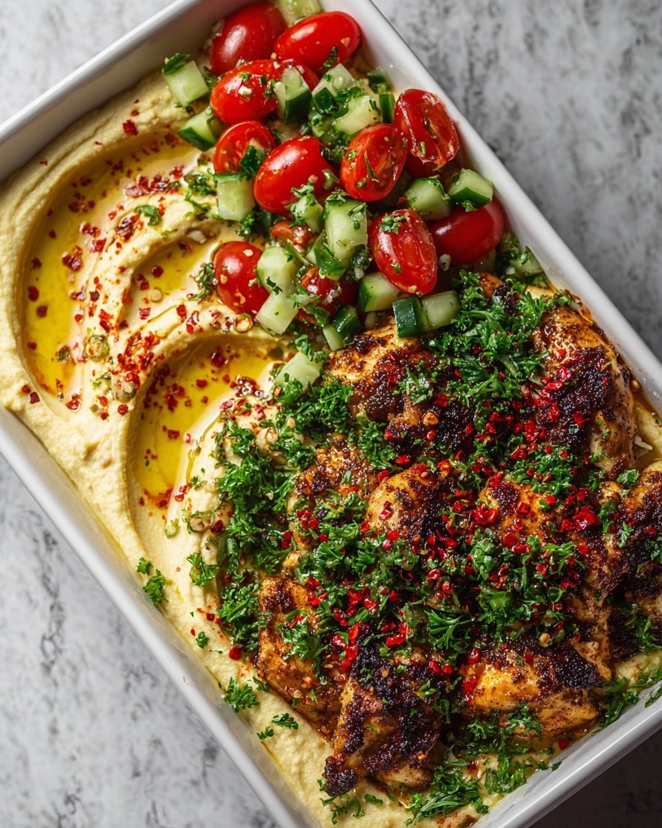 The dish is served in a white rectangular bowl placed on a white marbled surface. It has three main sections: on the left is a smooth, creamy, pale yellow hummus base with a swirl pattern, topped with golden olive oil and red chili flakes. In the middle-top part, there is a fresh salad made of chopped bright red cherry tomatoes and green cucumber pieces, mixed with small bits of herbs. On the right side, there are spicy grilled chicken pieces, charred in some parts to a dark brown color, and generously sprinkled with fresh green chopped parsley and red chili flakes, all sitting on the hummus layer. photo taken with an iphone --ar 4:5 --v 7