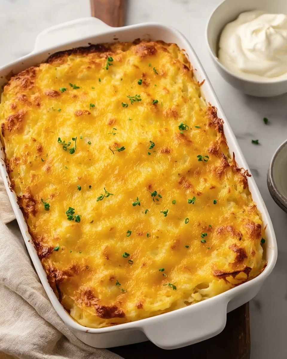 The image shows a close-up of a baked casserole in a white rectangular dish. The casserole has one visible layer covered with a thick, golden-brown melted cheese crust that is slightly crispy around the edges. Small specks of green herbs are scattered on top, adding a touch of color contrast. In the background, there is a small white bowl filled with a creamy white sauce. The dish is placed on a white marbled surface with a neutral cloth partially visible underneath. photo taken with an iphone --ar 4:5 --v 7
