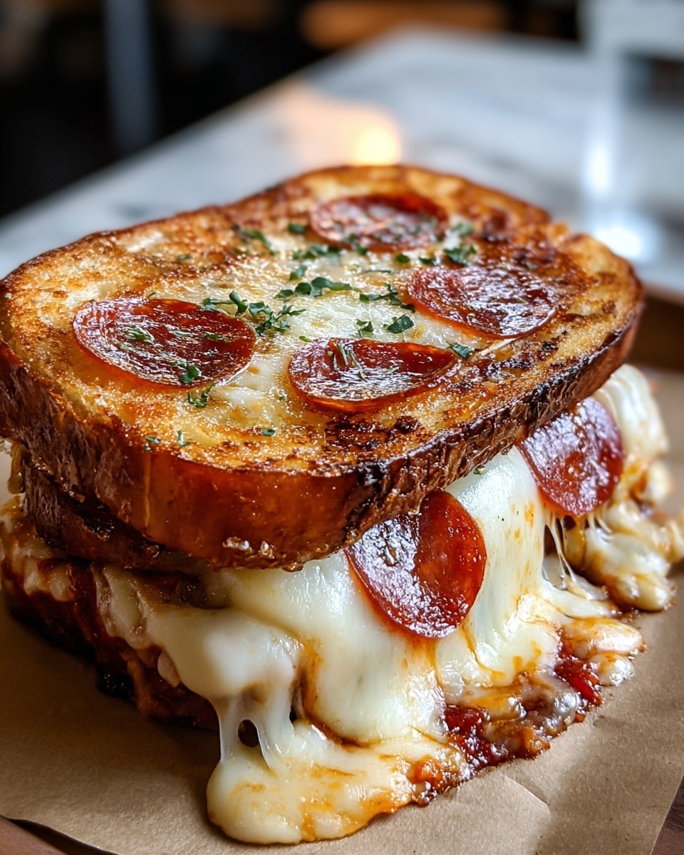 A close-up image of a toasted sandwich with two thick slices of golden brown bread as the top and bottom layers. Between the bread layers, there is a gooey, melted white cheese layer that is stretching out slightly, mixed with round slices of deep red pepperoni. The top bread slice is covered with a slightly browned, bubbly layer of melted cheese sprinkled with dried herbs, possibly oregano, and small spots of darker toasted areas. The sandwich is placed on a piece of parchment paper on a white marbled surface, with blurred plates and a glass in the background. Photo taken with an iphone --ar 4:5 --v 7