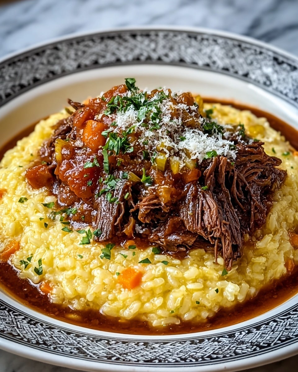 The image shows a white plate with a decorative black border filled with three clear layers of food. The bottom layer is creamy yellow risotto with small bits of orange carrot visible, covering most of the plate's base. On top of the risotto sits a thick layer of dark brown tender braised beef slices, slightly shredding and glistening with juices. The beef is topped with a generous spoonful of chunky brown tomato-based sauce containing small pale green and orange vegetable pieces. Finely grated light yellow cheese and chopped green herbs are sprinkled over the sauce, adding a fresh and textured finish. The plate rests on a white marbled surface. Photo taken with an iphone --ar 4:5 --v 7