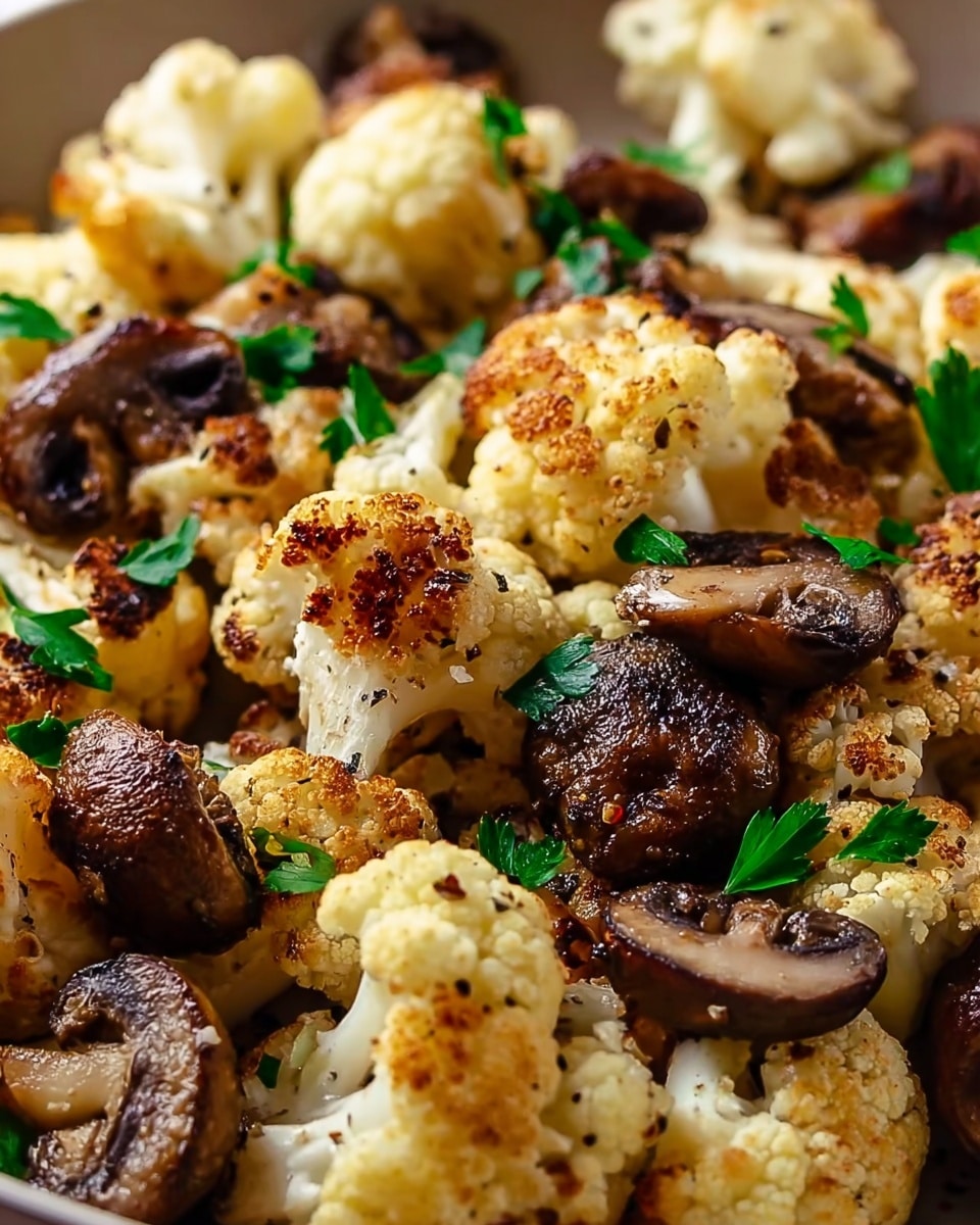 The image shows a dish of roasted cauliflower and mushrooms in a pan, with cauliflower pieces that are white with golden brown char marks indicating roasting, and mushrooms that are sliced, dark brown, and cooked until soft. Small green parsley leaves are scattered throughout the dish, adding a fresh pop of color. The texture looks crunchy on the cauliflower edges and tender on the mushrooms, presented in a close-up view with a soft focus on the background to emphasize the food details. Photo taken with an iphone --ar 4:5 --v 7