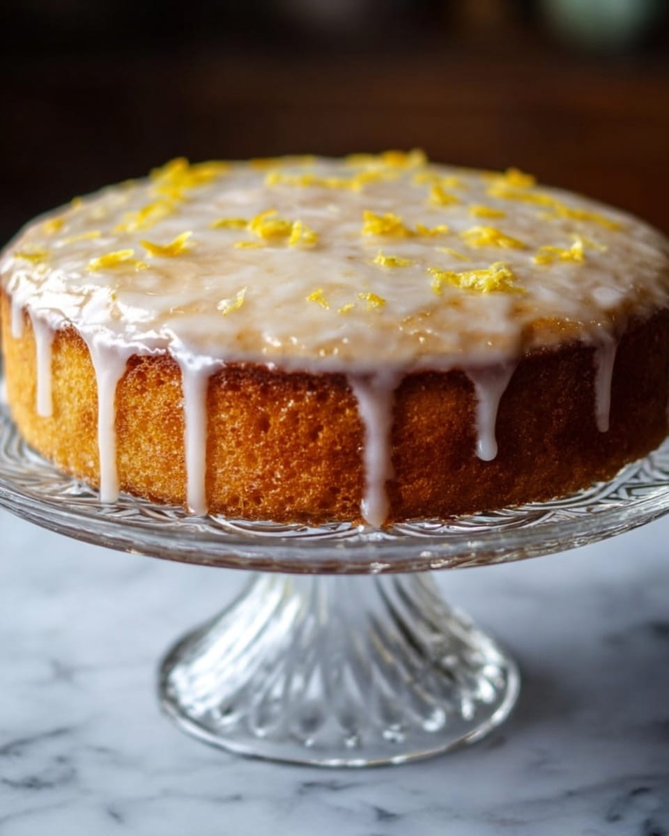A single-layer round cake with a golden-brown outer edge sits on a clear, ornate glass cake stand. The top of the cake is covered with a shiny, thick white glaze that drips slowly down the sides, with small bits of yellow zest or fruit pieces scattered lightly on the surface, adding texture and color contrast. The background and surface beneath the cake are changed to a white marbled texture, creating a clean and bright setting that makes the cake stand out. photo taken with an iphone --ar 4:5 --v 7