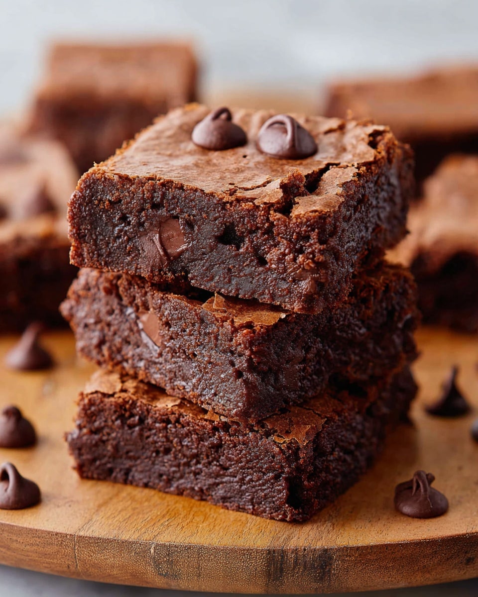 A stack of three square chocolate brownies with a cracked, slightly crisp top layer showing a dense, moist, and fudgy inside with visible chocolate chunks. The brownies are placed on a round wooden board with rough bark edges. The top brownie has two chocolate chips on it, one flat and one upright. More brownies can be seen blurred in the background on a white marbled texture. The wooden board has light crumbs and scattered chocolate chips around it. photo taken with an iphone --ar 4:5 --v 7