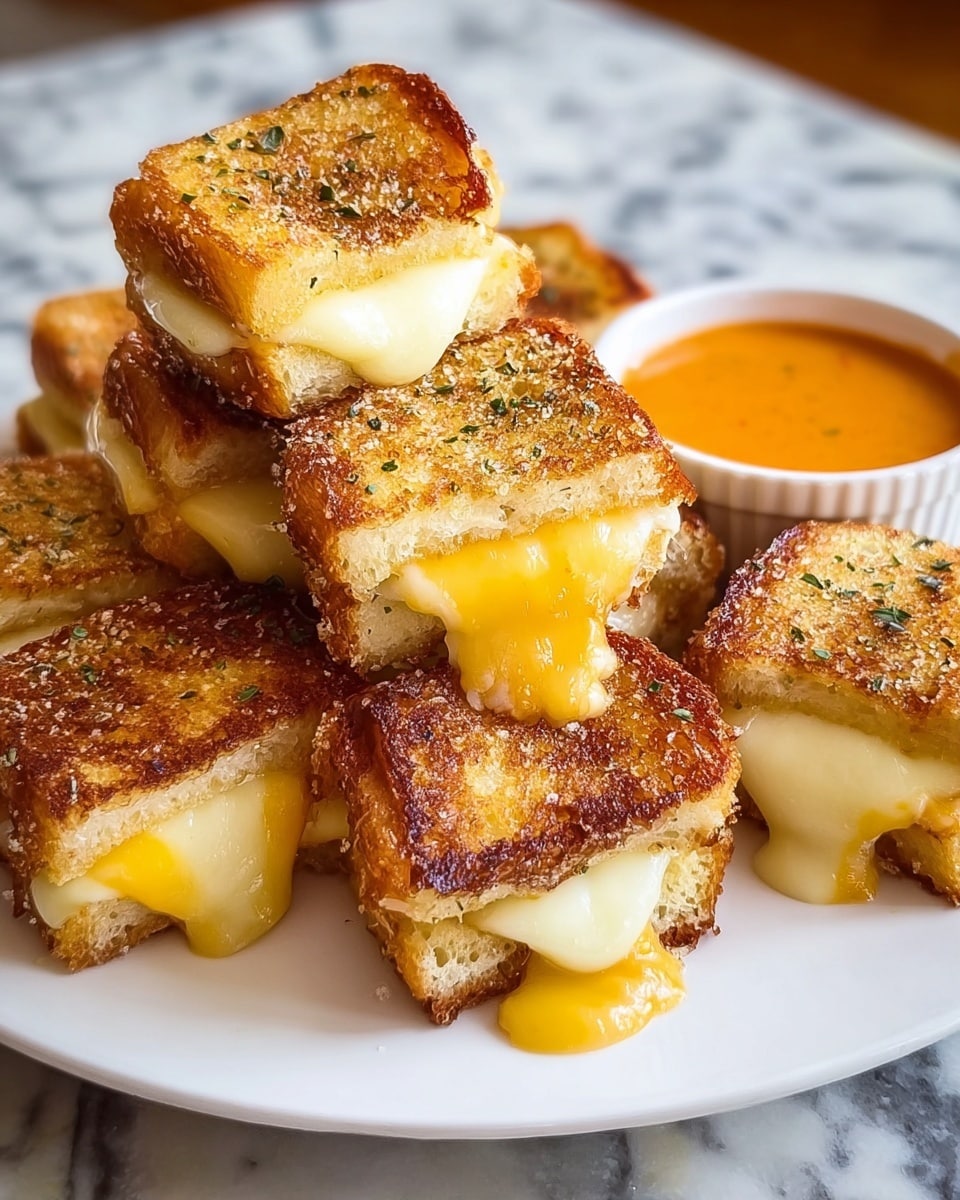 This image shows a white plate full of small grilled cheese sandwiches, each cut into squares. The sandwiches have two layers of golden-brown toasted bread, with melted cheese oozing out between the slices. The top layer of bread is crispy and sprinkled with herbs. The cheese is a mix of creamy white and bright yellow, flowing slightly onto the plate. In the background, there is a white ramekin filled with orange-colored dipping sauce, all placed on a surface with a white marbled texture. photo taken with an iphone --ar 4:5 --v 7