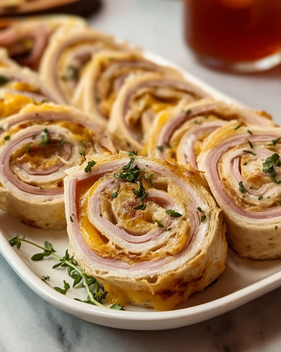 The dish shows a white plate with several pinwheel sandwiches tightly arranged, each slice revealing three clear layers: a pale golden outer tortilla or flatbread, a middle layer of thinly sliced light pink meat, and an inner layer of melted yellow cheese with a slightly glossy texture. The pinwheels are topped with small sprigs of fresh green herbs scattered across the surface, adding color contrast. The white marbled background subtly complements the plate, and a blurred cup with reddish liquid sits in the background. photo taken with an iphone --ar 4:5 --v 7