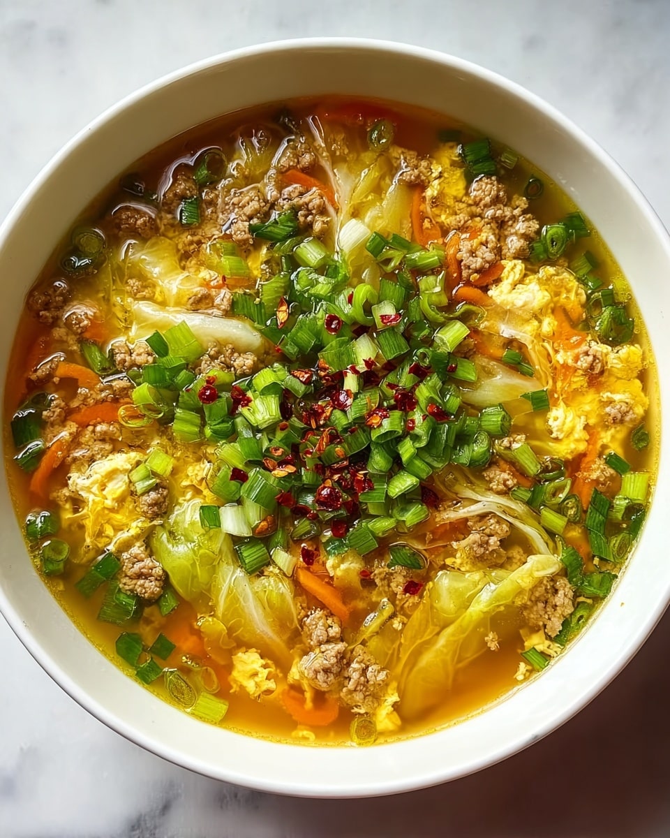 A white bowl filled with a warm soup that has several visible layers: at the base is a clear, golden broth; floating throughout are cooked ground meat bits, soft, fluffy yellow egg pieces, thin orange carrot strips, and translucent cabbage pieces; the top layer is generously sprinkled with chopped bright green onions and small red chili flakes, adding a fresh and spicy touch; the bowl is placed on a white marbled textured surface. photo taken with an iphone --ar 4:5 --v 7