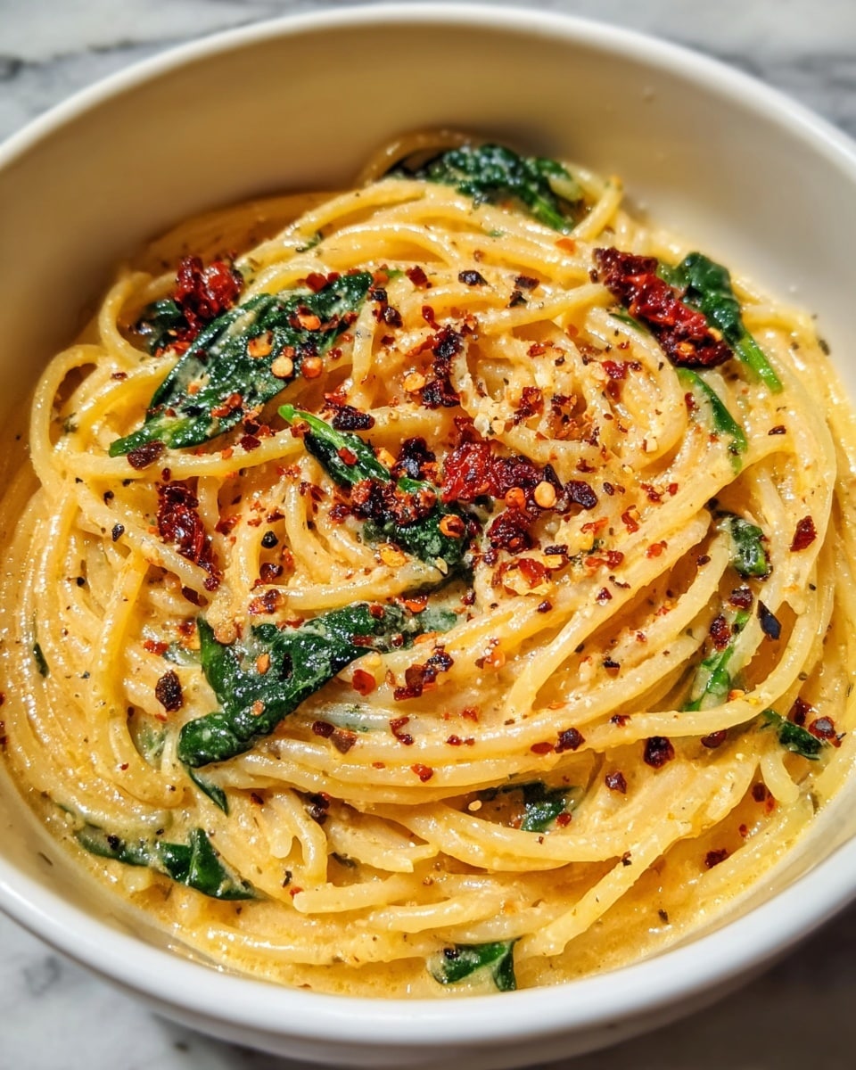 A white bowl filled with a single layer of creamy yellow spaghetti, coated in a smooth sauce with visible glistening oil. Mixed within the pasta are dark green spinach leaves and small pieces of red sun-dried tomatoes scattered evenly. The dish is sprinkled with coarse black pepper and red chili flakes, adding texture and color contrast on top. The background shows a white marbled surface. photo taken with an iphone --ar 4:5 --v 7