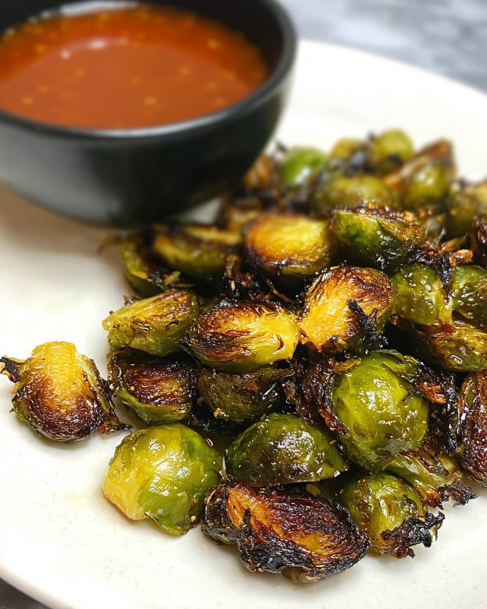 A white plate holds a pile of roasted Brussels sprouts with a mix of golden brown, charred dark edges, and green colors showing a crispy texture. Behind the Brussels sprouts, there is a black bowl filled with a smooth, glossy, reddish-brown sauce. The background is a white marbled texture. photo taken with an iphone --ar 4:5 --v 7