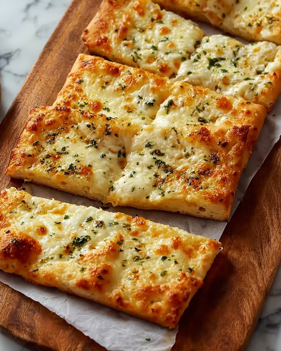 A wooden board holds four rectangular pieces of golden brown flatbread, each topped with a bubbly layer of melted white cheese that shows spots of light browned crispiness. Small green herb flakes are sprinkled evenly on the cheese, adding texture and color. The flatbread has a slightly thick and soft crust around the edges, with a smooth, cheesy top that catches the light subtly. The board is placed on a white marbled surface with some white parchment paper under the bread. Photo taken with an iphone --ar 4:5 --v 7