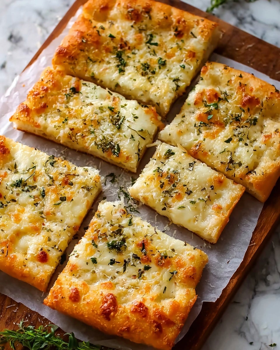 This image shows six rectangular pieces of cheesy garlic bread laid out in two rows on white baking paper over a wooden board with green herbs in the corner. Each piece has a golden-brown crust that is thick and puffy with a soft texture. On top, there is a melted white cheese layer with some golden spots from baking, sprinkled with finely chopped green herbs and garlic bits, giving a slightly oily and shiny look. The bread looks crisp on the edges and soft inside with evenly spread toppings. The background has a white marbled texture. photo taken with an iphone --ar 4:5 --v 7