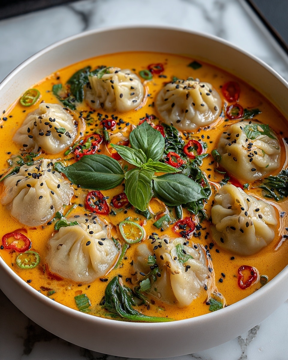 A round white bowl filled with a bright orange creamy soup as the base layer, with visible oil droplets and scattered black sesame seeds and chopped green herbs on top. Seven plump, pale beige dumplings with pleated tops float evenly in the soup. There are green spinach leaves and slices of green chili peppers mixed around the dumplings. Red chili flakes and small slices of red chili pepper are sprinkled over the dish, adding more color and texture. A few fresh basil leaves sit in the middle for garnish. The bowl rests on a white marbled surface. photo taken with an iphone --ar 4:5 --v 7
