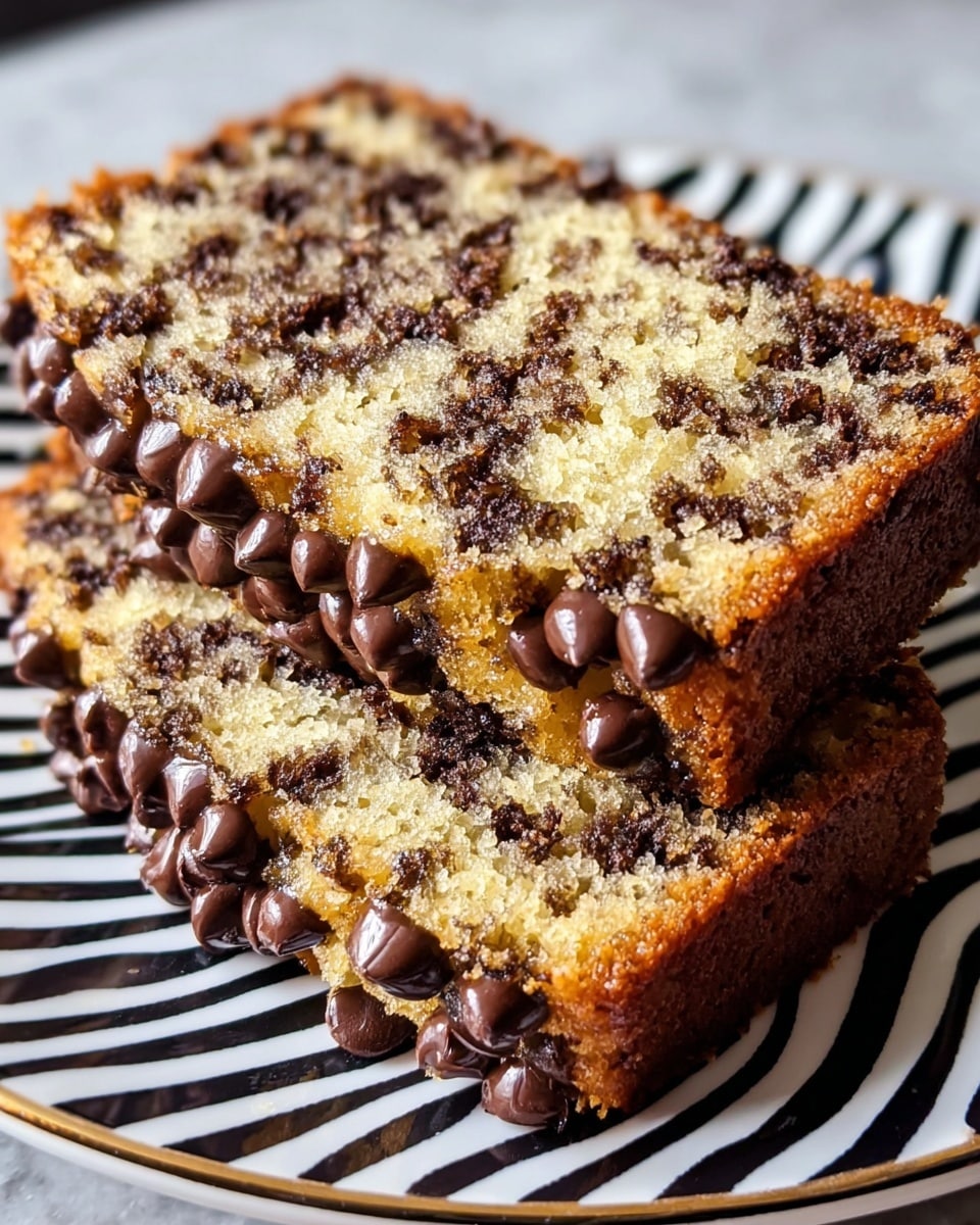 Two slices of chocolate chip cake are stacked side by side on a white plate with black zebra stripes. Each slice has a golden-brown crust and a soft yellow inside dotted with many small, melted dark chocolate bits. The top layer is covered with larger, shiny dark chocolate chips scattered thickly. The texture of the cake looks moist and crumbly. The photo is taken close up with a white marbled background. photo taken with an iphone --ar 4:5 --v 7