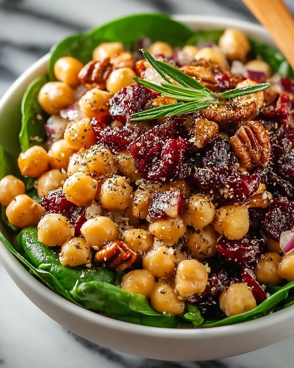 A close-up of a salad in a white bowl showing multiple layers: the bottom layer is fresh green spinach leaves, followed by beige chickpeas scattered around, mixed with dark red dried cranberries and small pieces of purple-red onion. On top, there are golden brown toasted pecan pieces sprinkled with black pepper and coarse salt, all garnished with a small green rosemary sprig at the center. The bowl is placed on a white marbled surface. photo taken with an iphone --ar 4:5 --v 7