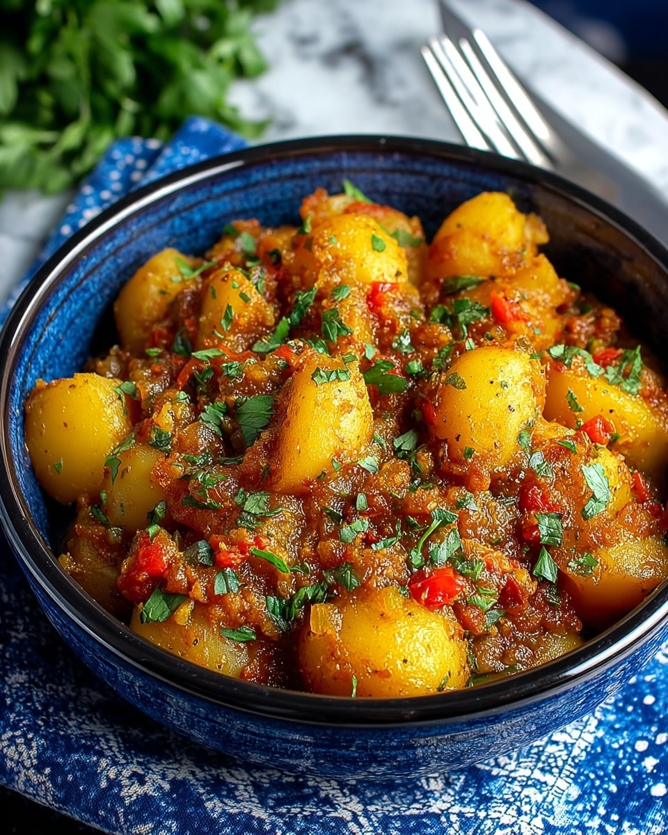 A close-up of a black bowl filled with a thick potato stew. The stew has three main layers: large soft yellow potato chunks, a rich reddish-brown sauce mixed with small bits of red pepper, and finely chopped green herbs sprinkled on top. The bowl sits on a blue and white patterned cloth over a white marbled surface. There is a fork on the right side near the bowl and green herbs blurred in the background. photo taken with an iphone --ar 4:5 --v 7