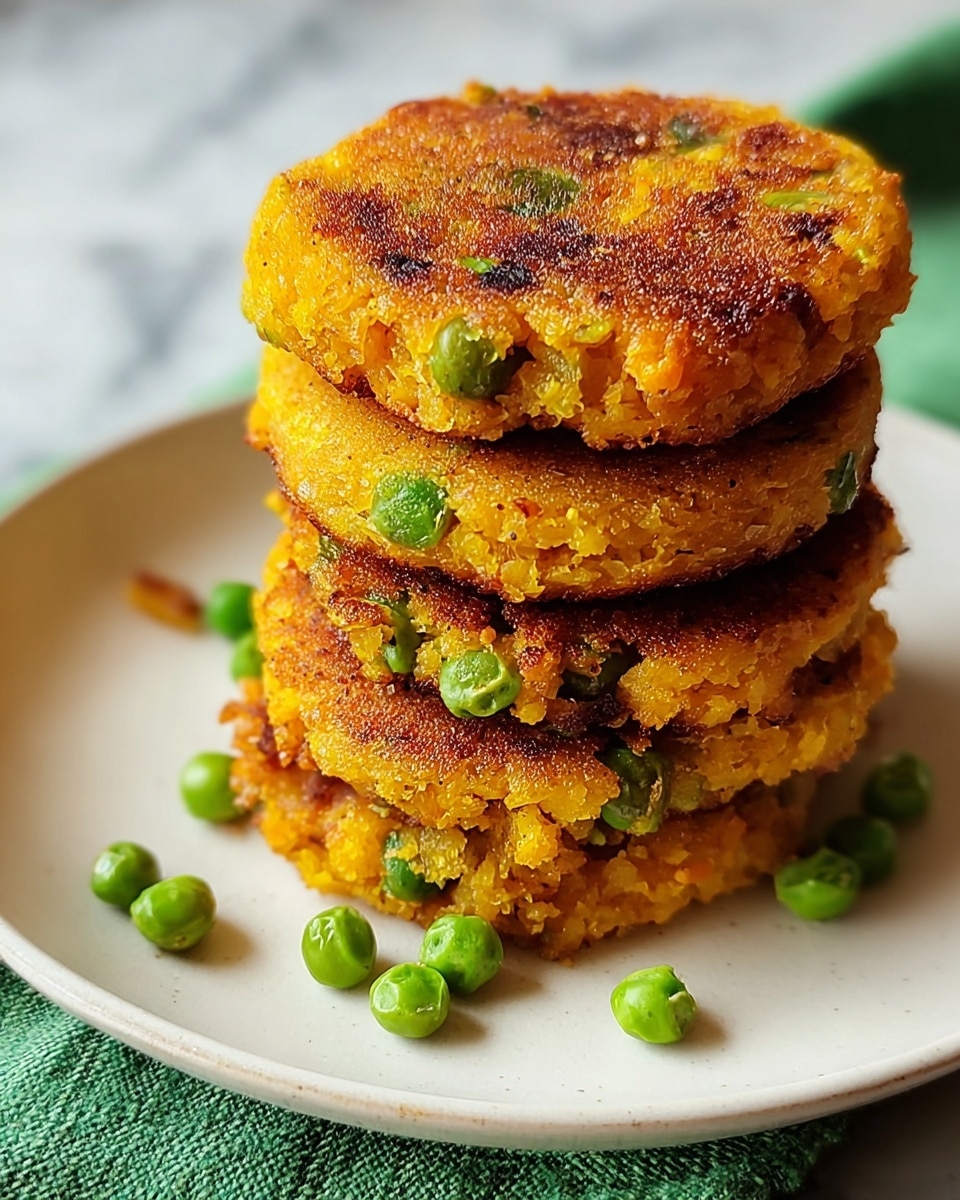 A stack of four thick, round patties with a rough, crispy texture and a golden-brown color, each speckled with bright green peas embedded in the orange-yellow base, is placed in the center of a white plate. Some peas are scattered around the base of the stack. The surface under the plate is a white marbled texture with a green cloth visible in the corner. The patties look freshly cooked with slightly browned, uneven edges and a soft interior showing through. photo taken with an iphone --ar 4:5 --v 7