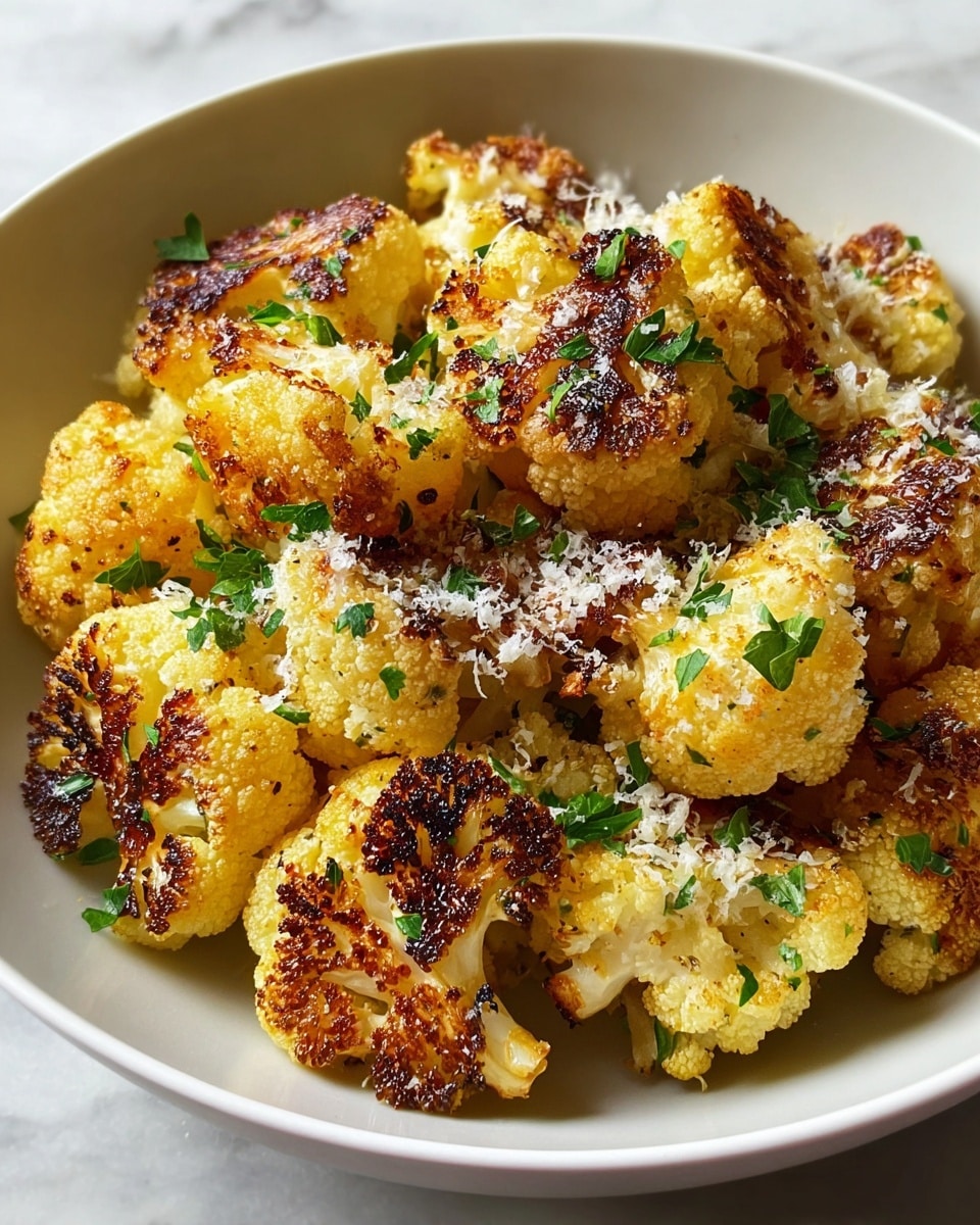 A white bowl filled with about two layers of roasted cauliflower florets, each floret golden yellow with dark brown crispy edges from roasting, giving a crunchy texture, scattered with small green parsley leaves and white grated cheese on top. The cauliflower pieces have a slightly rough surface with some charred spots adding depth, all sitting on a white marbled surface. photo taken with an iphone --ar 4:5 --v 7