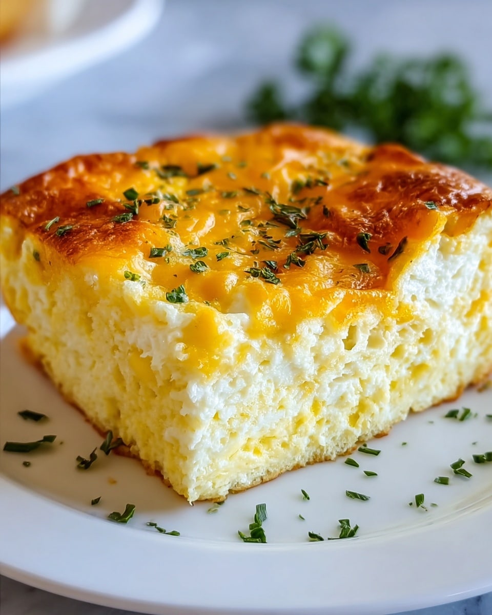 A close-up view of a thick square slice of baked egg casserole placed on a white plate, showing three visible layers: the bottom layer is light yellow and slightly crusty, the middle layer is fluffy and creamy white with a soft texture, and the top layer is golden brown with melted cheese and sprinkled with small green herb pieces, with a few herb bits scattered around the plate. The background is a white marbled texture. Photo taken with an iphone --ar 4:5 --v 7