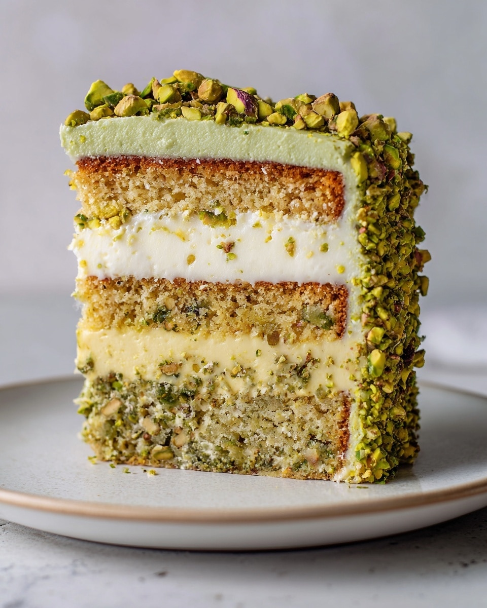 A close-up of a three-layer pistachio cake slice with thick, pale green frosting between each layer and covering the sides. The cake layers are dotted with crushed pistachios, showing a moist, nutty texture, while the frosting looks creamy and smooth. Crushed pistachios generously cover the top and sides of the cake, adding a rough, green and brown texture to the otherwise smooth frosting. The slice sits on a gold-colored board against a white marbled surface, with the whole cake blurry in the background. photo taken with an iphone --ar 4:5 --v 7