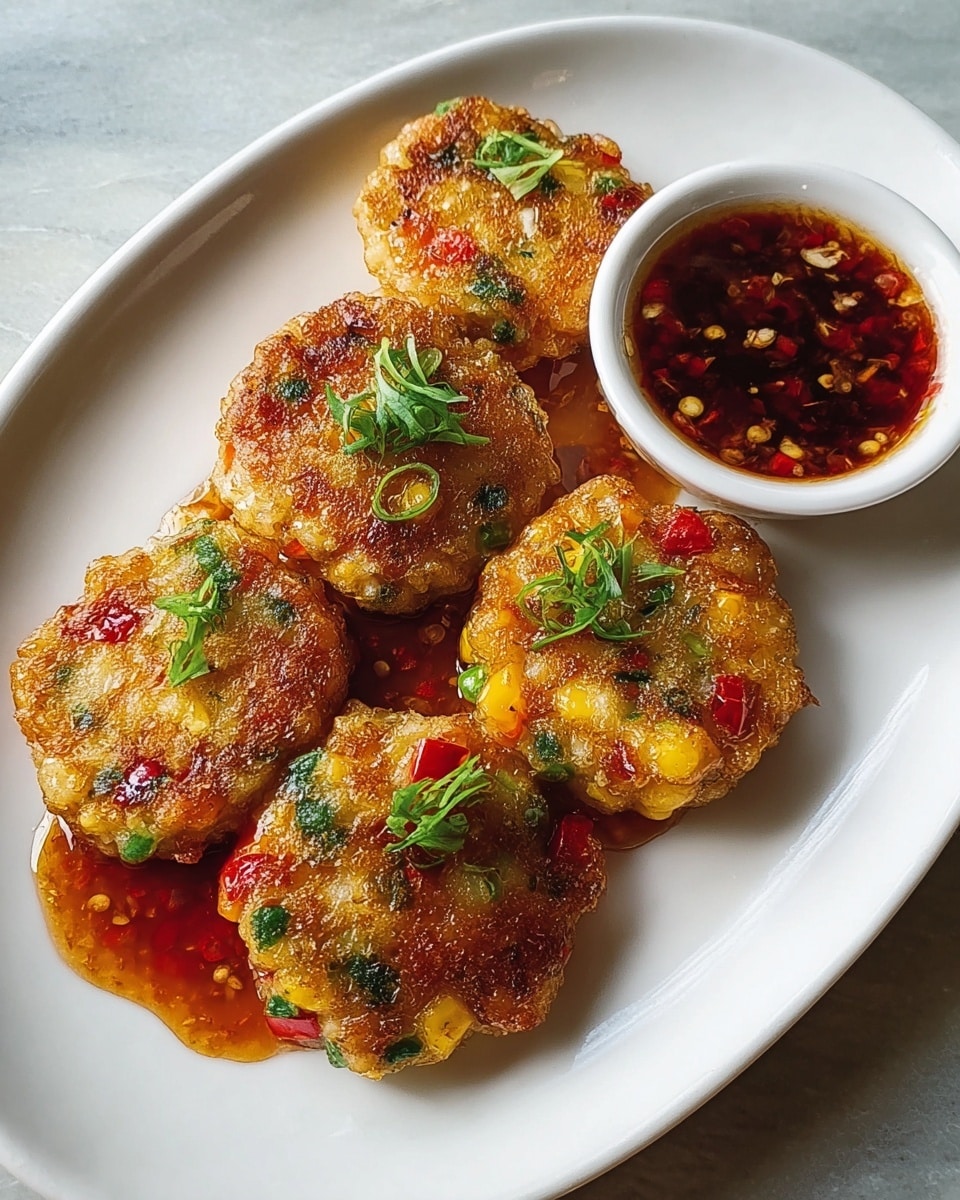 The image shows a white oval plate with five golden brown, crispy fritters that have visible bits of red, green, and yellow vegetables inside. The fritters are arranged in two rows, with some green herbs garnishing the top. Underneath the fritters, there is a shiny, reddish-brown sauce spread lightly. On the top right of the plate, a small white bowl holds more of the same sauce, which looks glossy and has small bits in it. The plate is placed on a white marbled surface. photo taken with an iphone --ar 4:5 --v 7