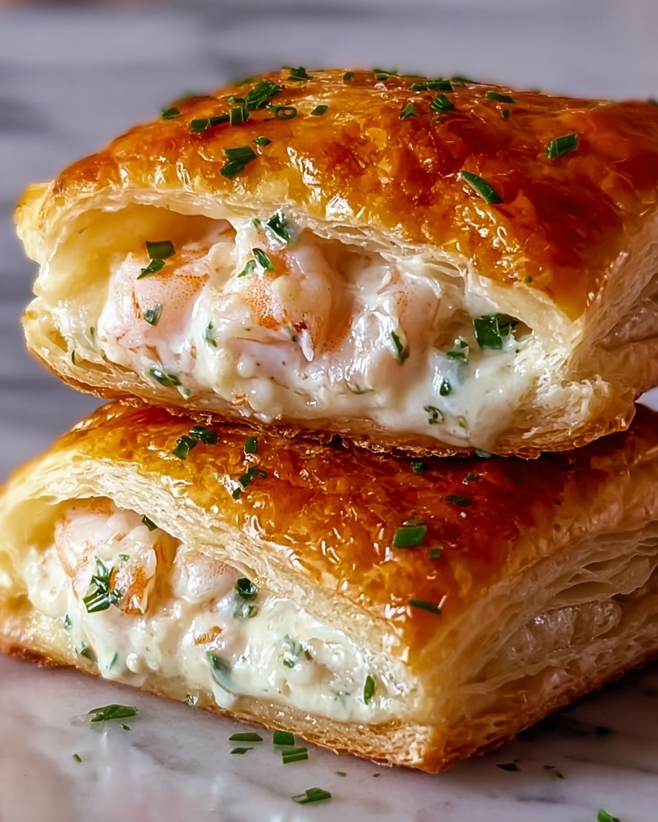A close-up view of two flaky, golden brown pastry squares stacked on top of each other, each with a creamy white filling containing small shrimp pieces and sprinkled with chopped green herbs inside. The top pastry shows a slightly crispy, textured surface with a soft, airy interior. The filling looks smooth and rich, with shrimp slightly pink and glistening, embedded in the creamy layer that contrasts with the crunch of the pastry. The photo is taken against a white marbled texture. photo taken with an iphone --ar 4:5 --v 7