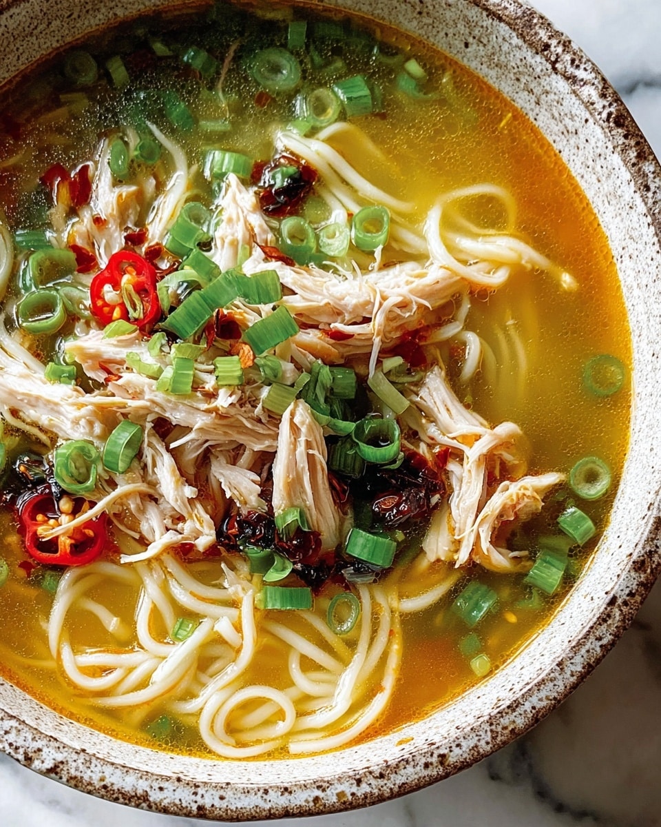 A close-up of a bowl of noodle soup with a rustic speckled rim, sitting on a white marbled surface. The soup has a rich, slightly oily golden broth as the base layer, with soft, thin white noodles floating inside. Shredded light brown chicken pieces are spread on top of the noodles. Bright green sliced spring onions are sprinkled all over, along with some thin slices of red chili and small pieces of dark red chili flakes, adding color contrast. The bowl is full and looks warm with a mixture of textures from smooth broth to tender noodles and chicken. Photo taken with an iphone --ar 4:5 --v 7