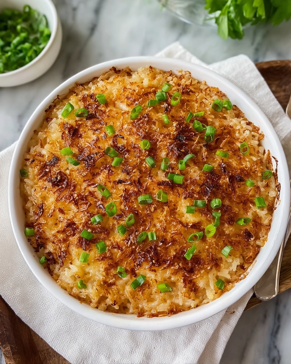 A white round bowl is filled with a dish that has a golden-brown crispy top layer made of toasted rice mixed with melted cheese, showing some darker toasted spots for texture. Small pieces of finely chopped green onions are sprinkled evenly over the top, adding a fresh green color contrast. The bowl sits on a white cloth on a white marbled surface, with some green herbs visible in a bowl nearby in the background. The dish looks hot and appetizing with a crunchy and cheesy baked texture on top. photo taken with an iphone --ar 4:5 --v 7