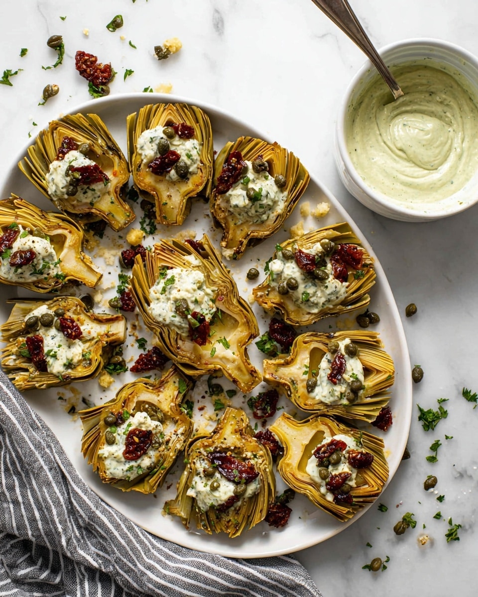 The image shows a white plate with about sixteen roasted artichoke halves arranged in a loose circle. Each artichoke is golden-brown with charred edges, topped with a layer of white soft cheese, small dark red sun-dried tomatoes, greenish-brown capers, and a sprinkle of fresh green herbs. Around the plate are scattered capers and bits of cheese. To the upper right side of the plate is a small white bowl filled with creamy light green sauce with a spoon inside it. The whole scene is set on a white marbled surface with a gray and white striped cloth partially visible in the bottom left corner. photo taken with an iphone --ar 4:5 --v 7