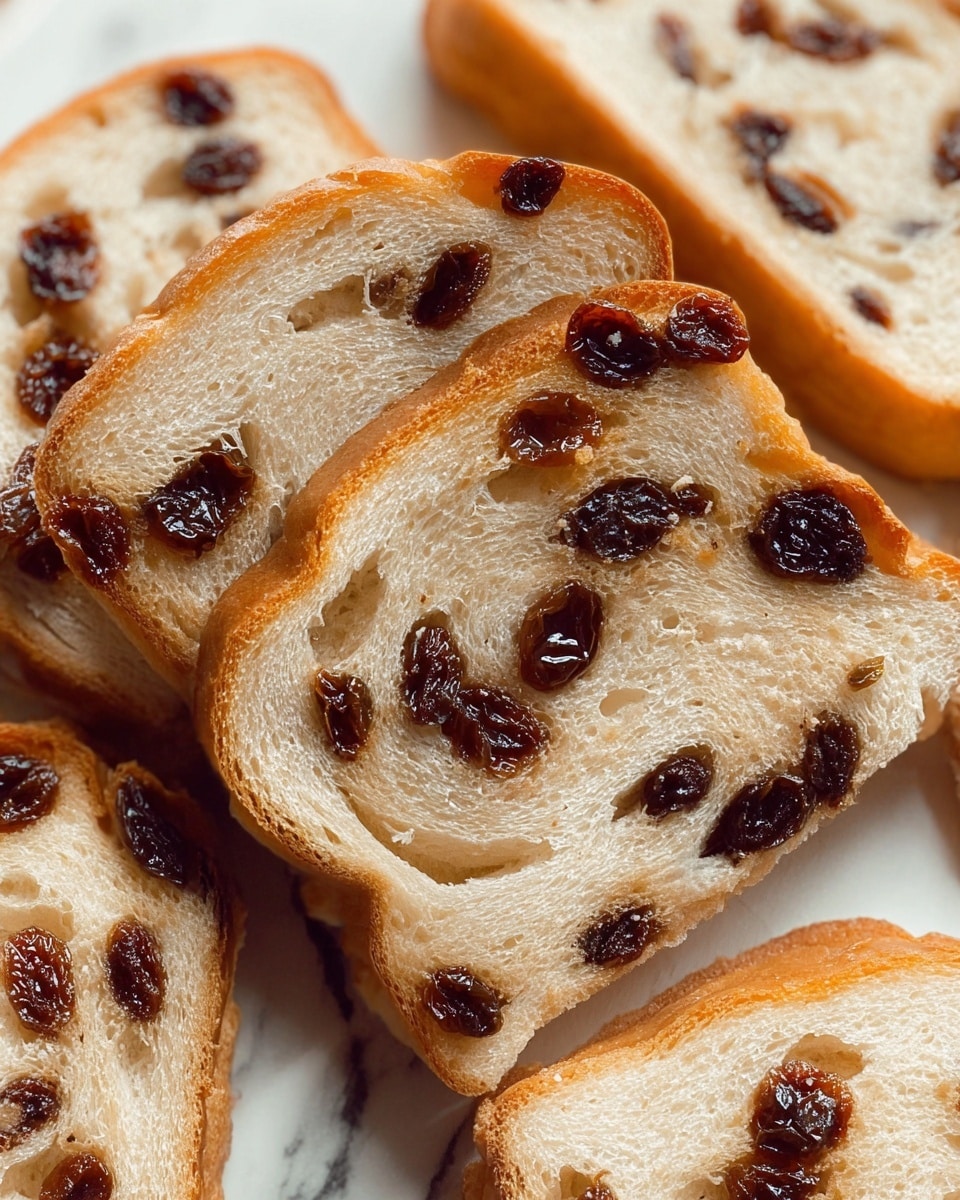 The image shows several close-up slices of raisin bread placed on a white marbled surface. Each slice has multiple layers of soft, light beige bread with a slightly toasted crust on the edges. Dark, shiny raisins are evenly spread throughout the layers, adding contrast to the light bread. The texture looks soft and fluffy, with some glossy spots on the raisins, indicating fresh, moist fruit. Photo taken with an iphone --ar 4:5 --v 7